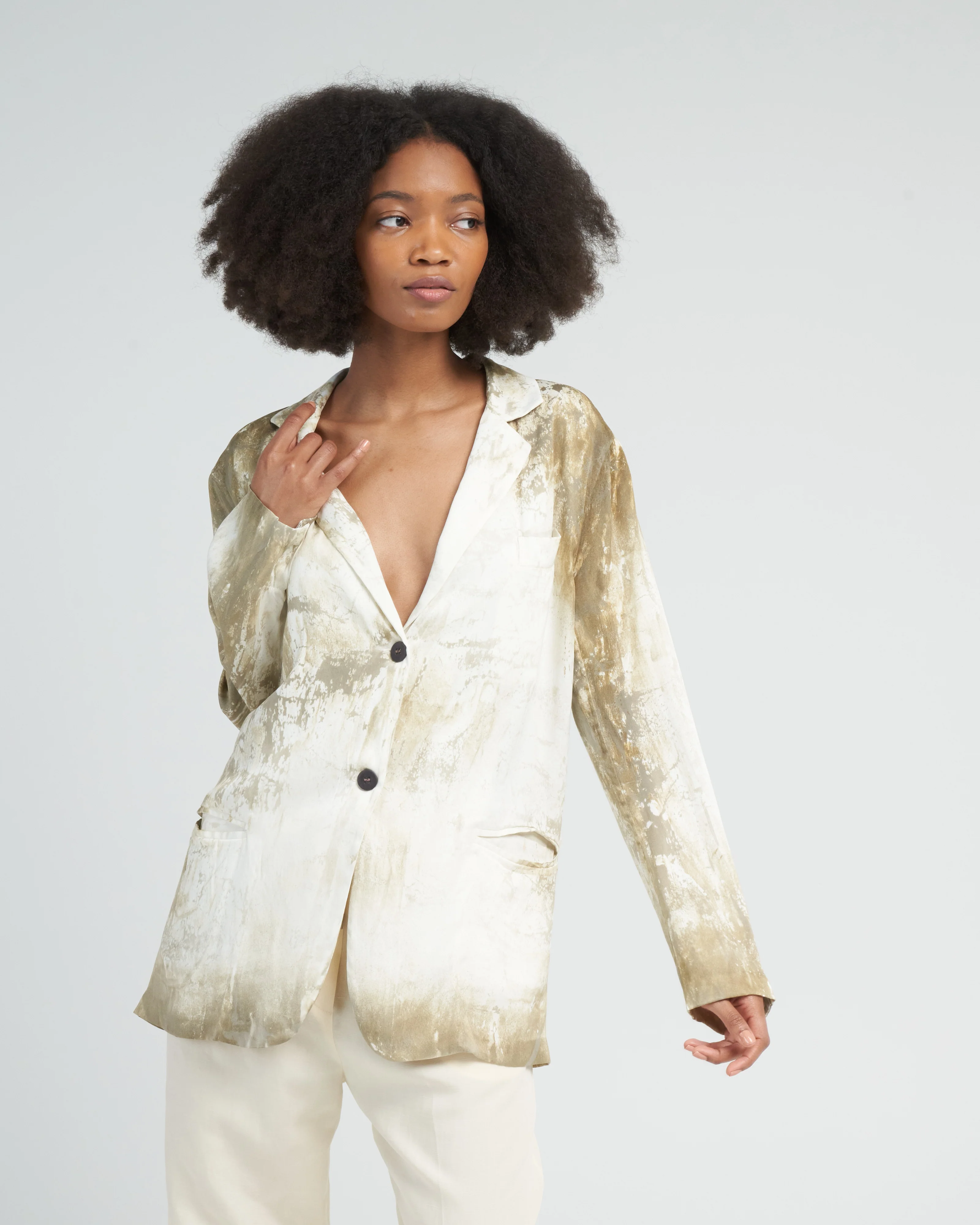 marmo effect silk boyfriend rever jacket - dark kaki - Image 2