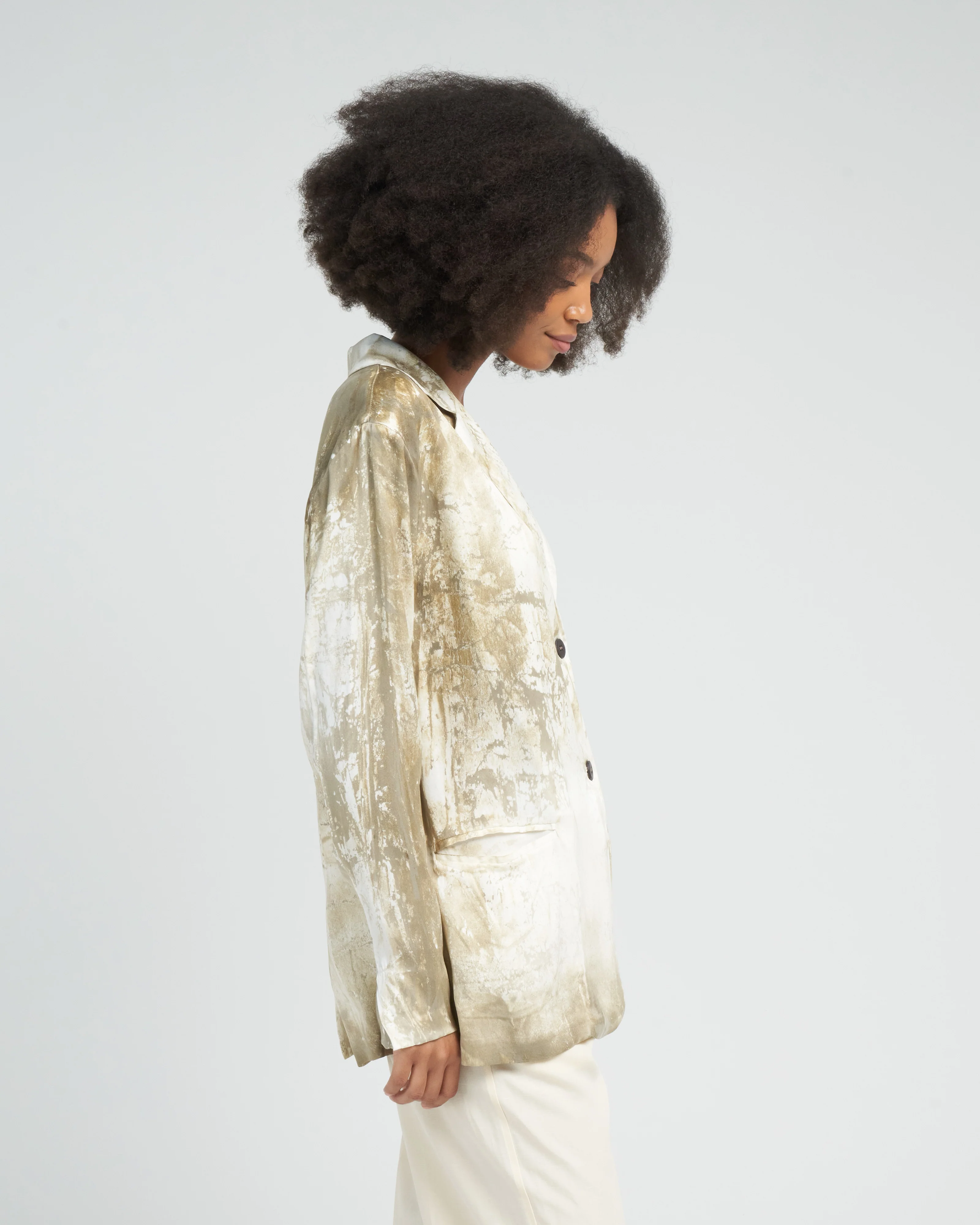 marmo effect silk boyfriend rever jacket - dark kaki - Image 3