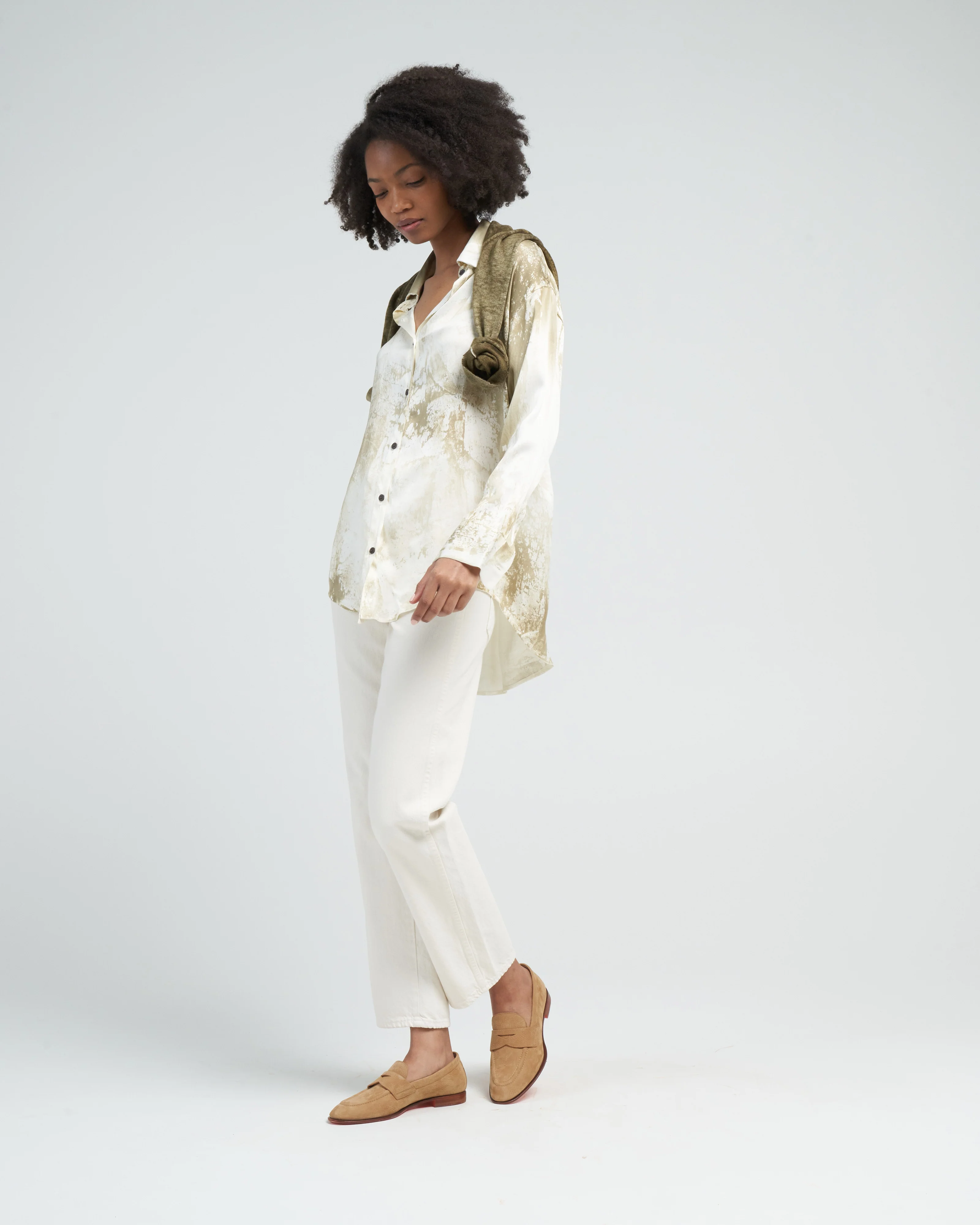 marmo effect silk shirt - dark kaki - Image 2