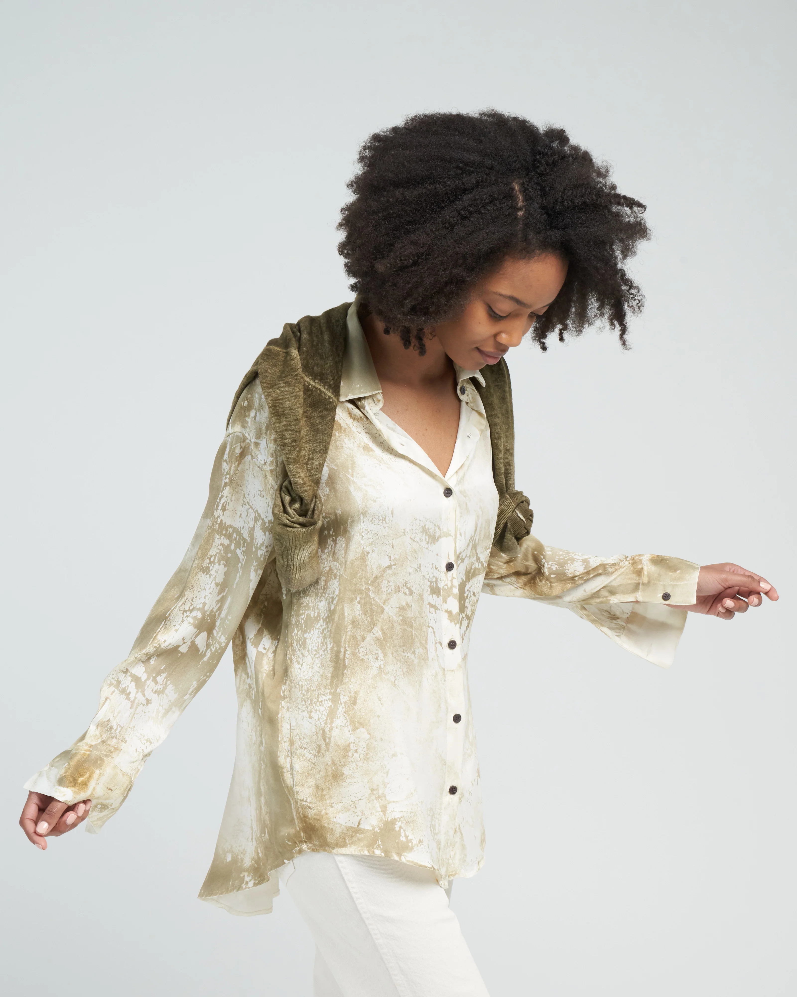 marmo effect silk shirt - dark kaki - Image 3