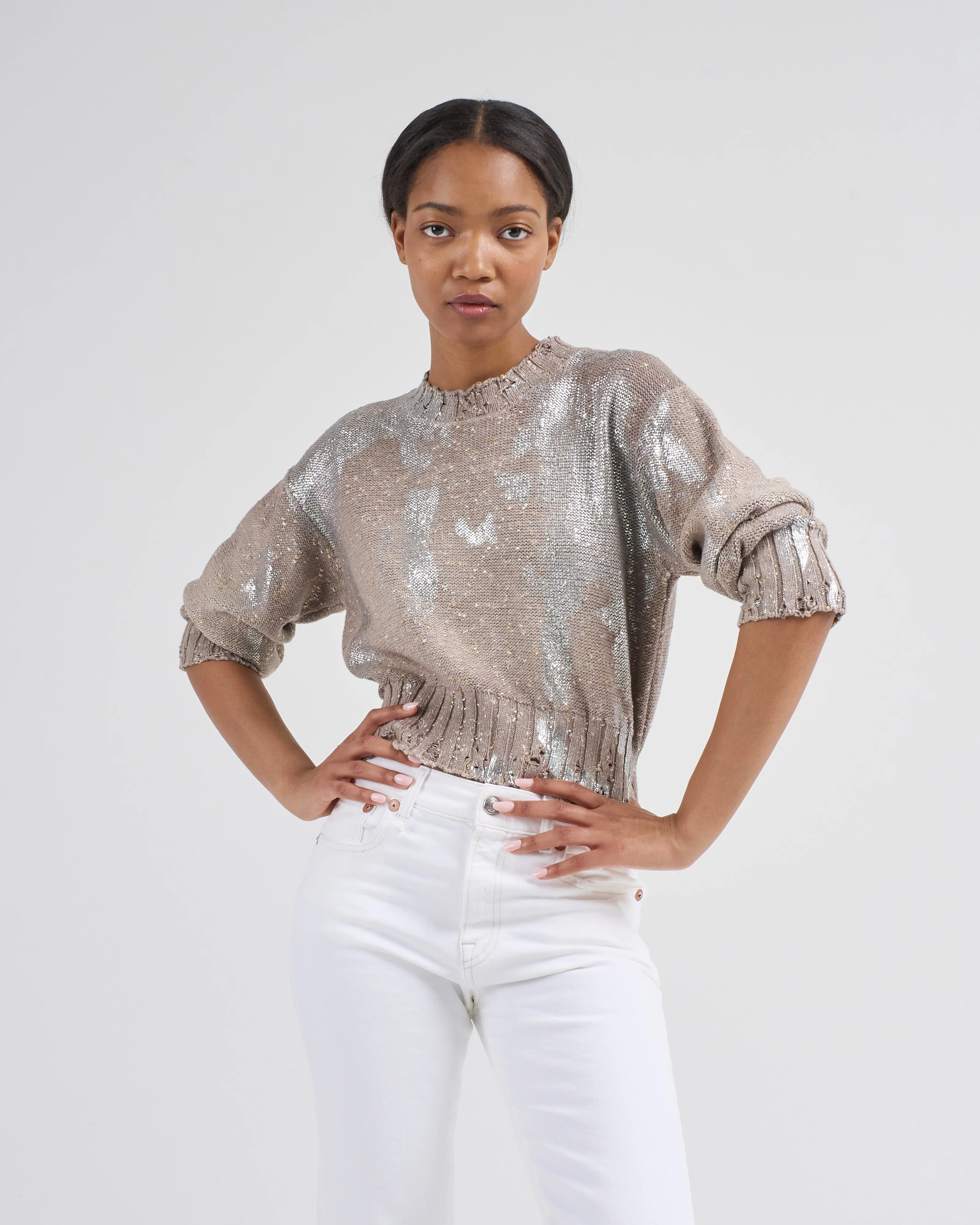 metallic knots on cotton roundneck pullover with lamination