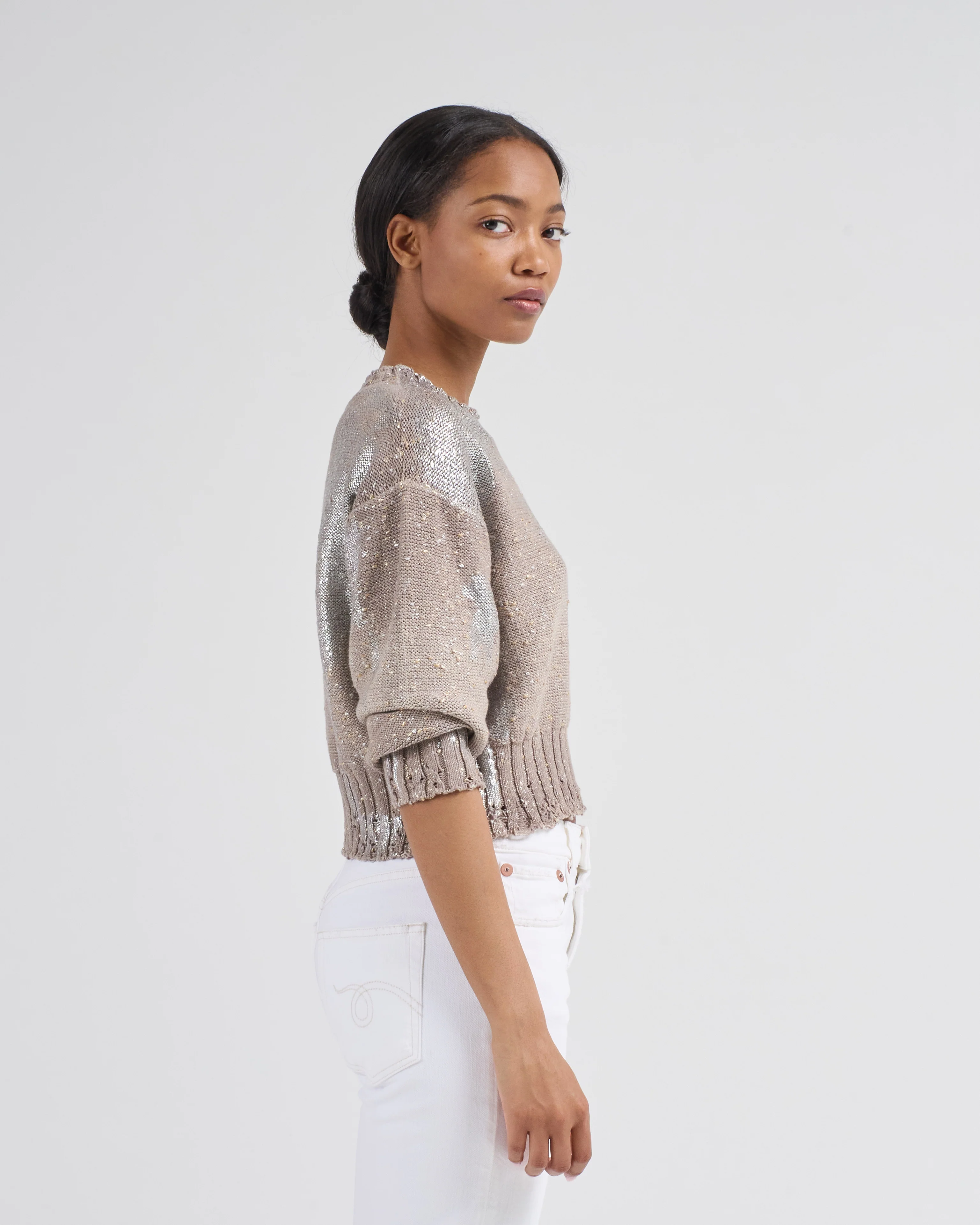 metallic knots on cotton roundneck pullover with lamination - Image 3