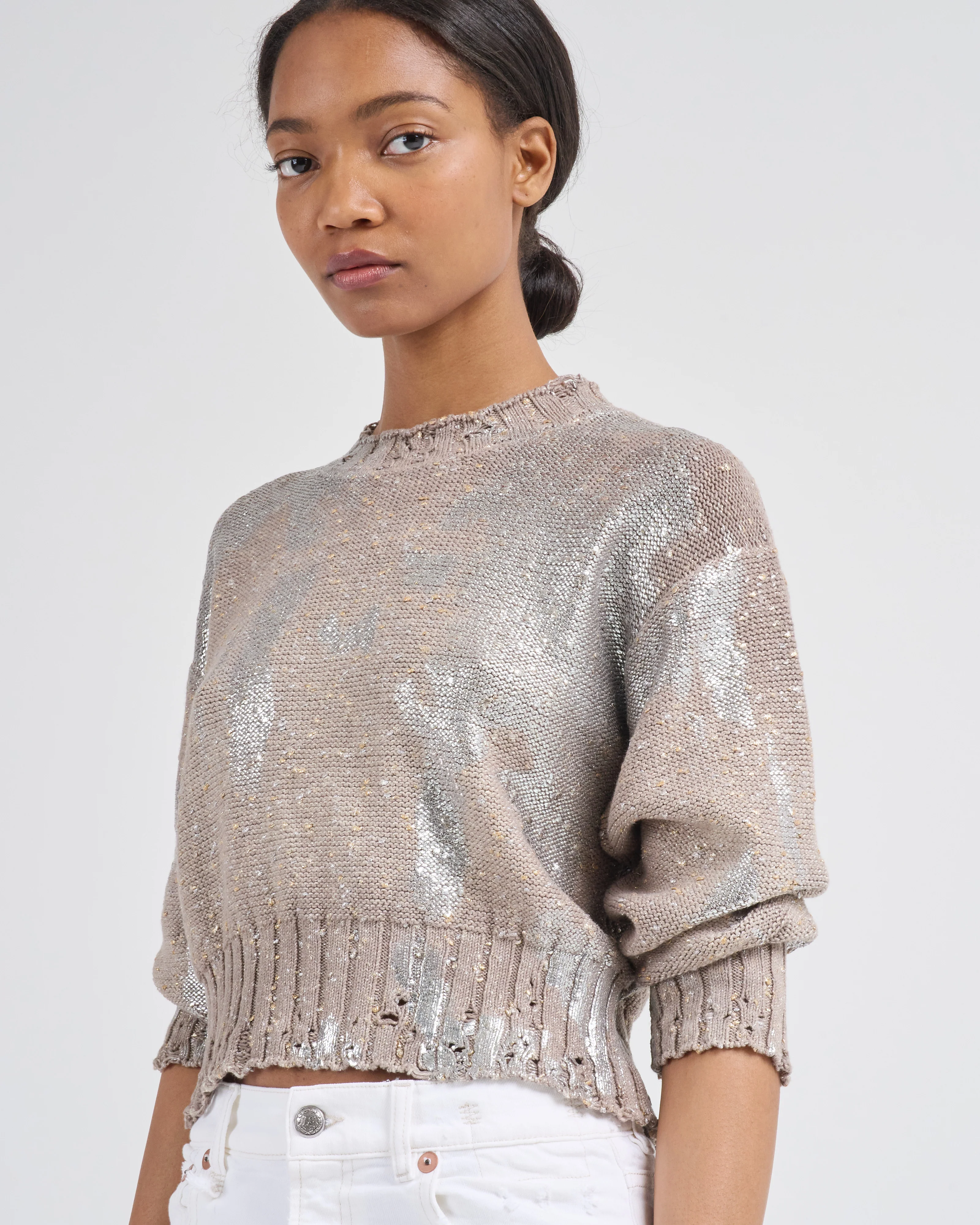 metallic knots on cotton roundneck pullover with lamination - Image 5