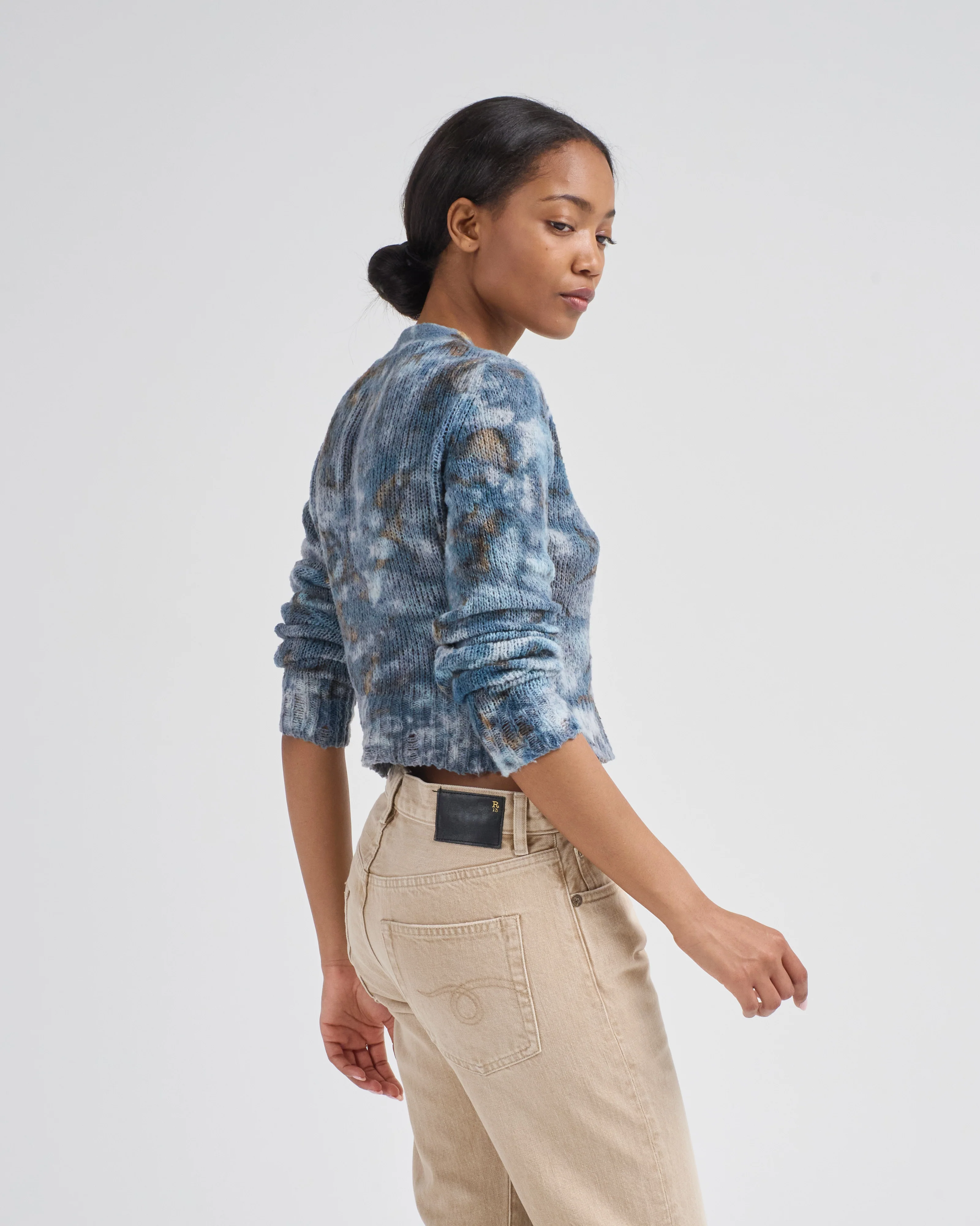 mimetic effect brushed cotton v neck cropped cardigan with destroyed edges - Image 3