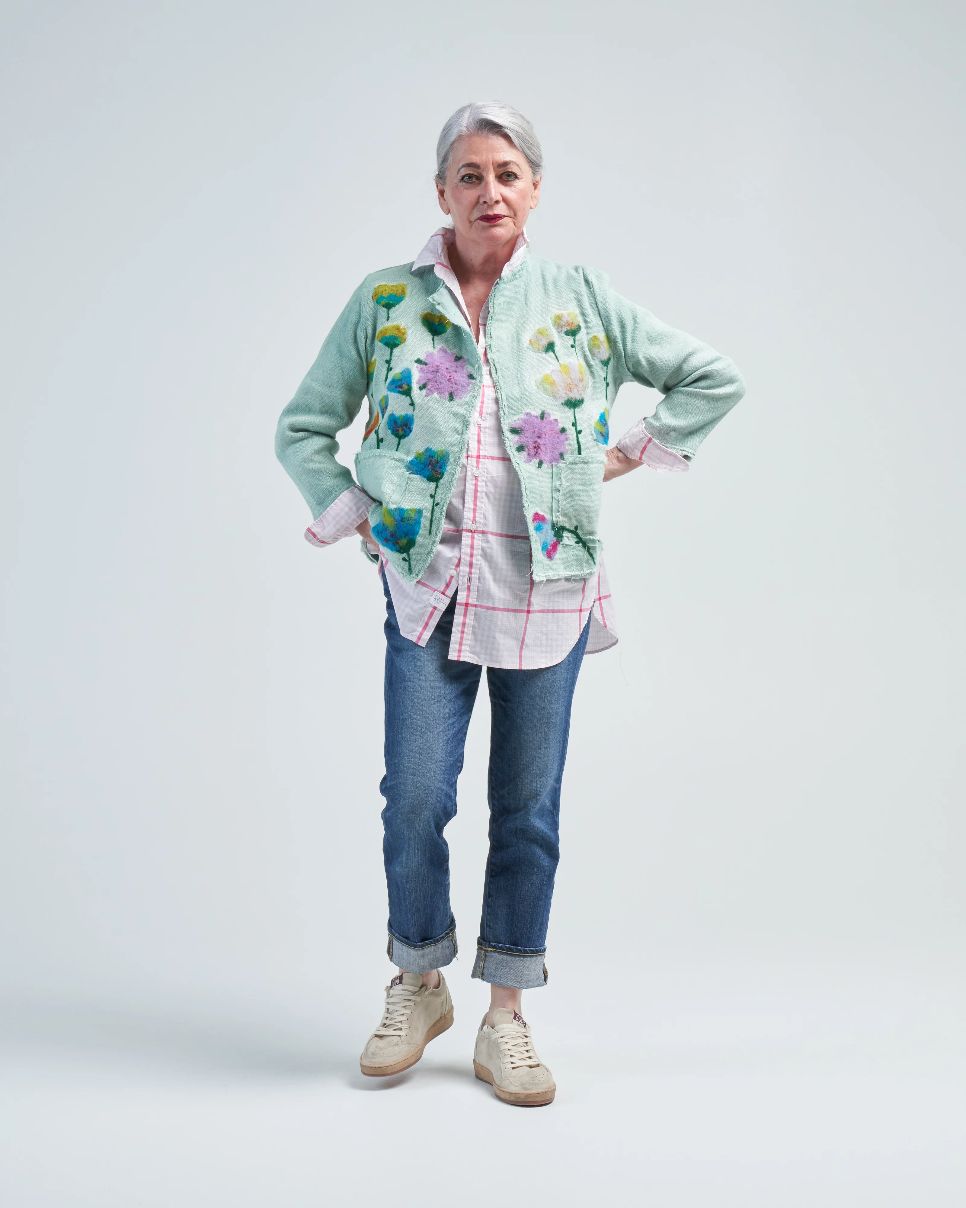 needle punch flowers micro mat stitch round neck jacket - Image 2