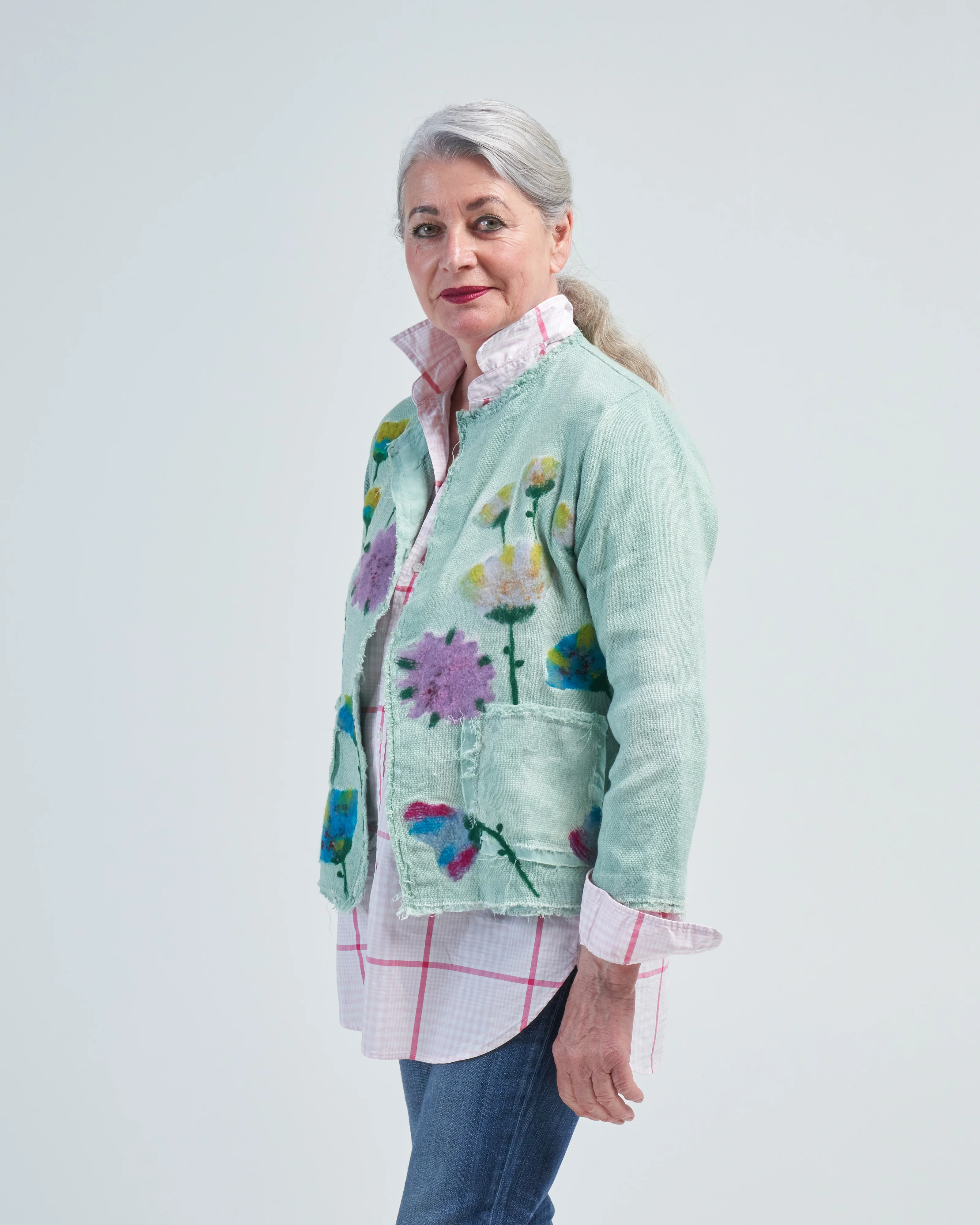 needle punch flowers micro mat stitch round neck jacket - Image 3