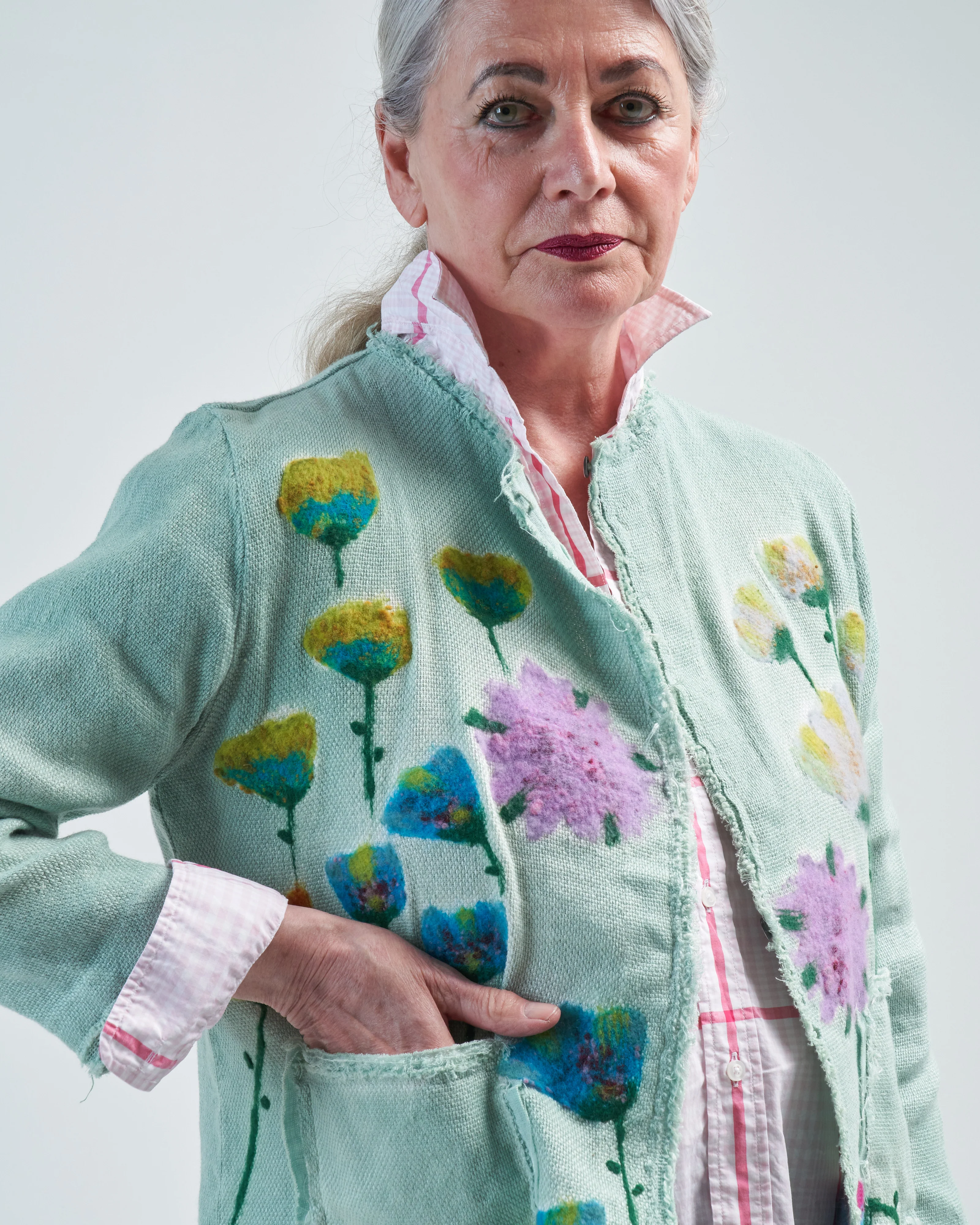 needle punch flowers micro mat stitch round neck jacket - Image 5
