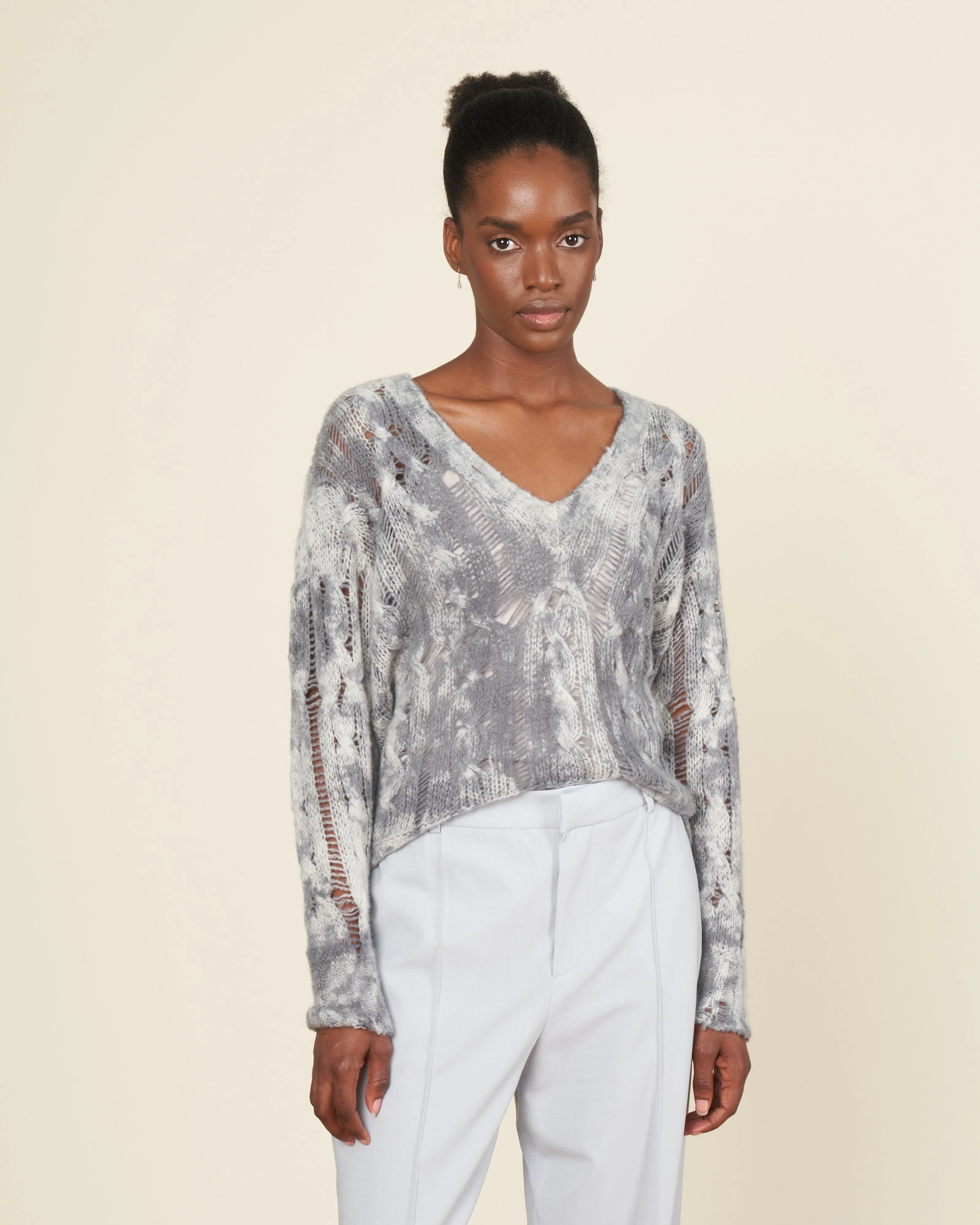 one color camouflage v neck pullover with braids - ghiaccio - Image 2