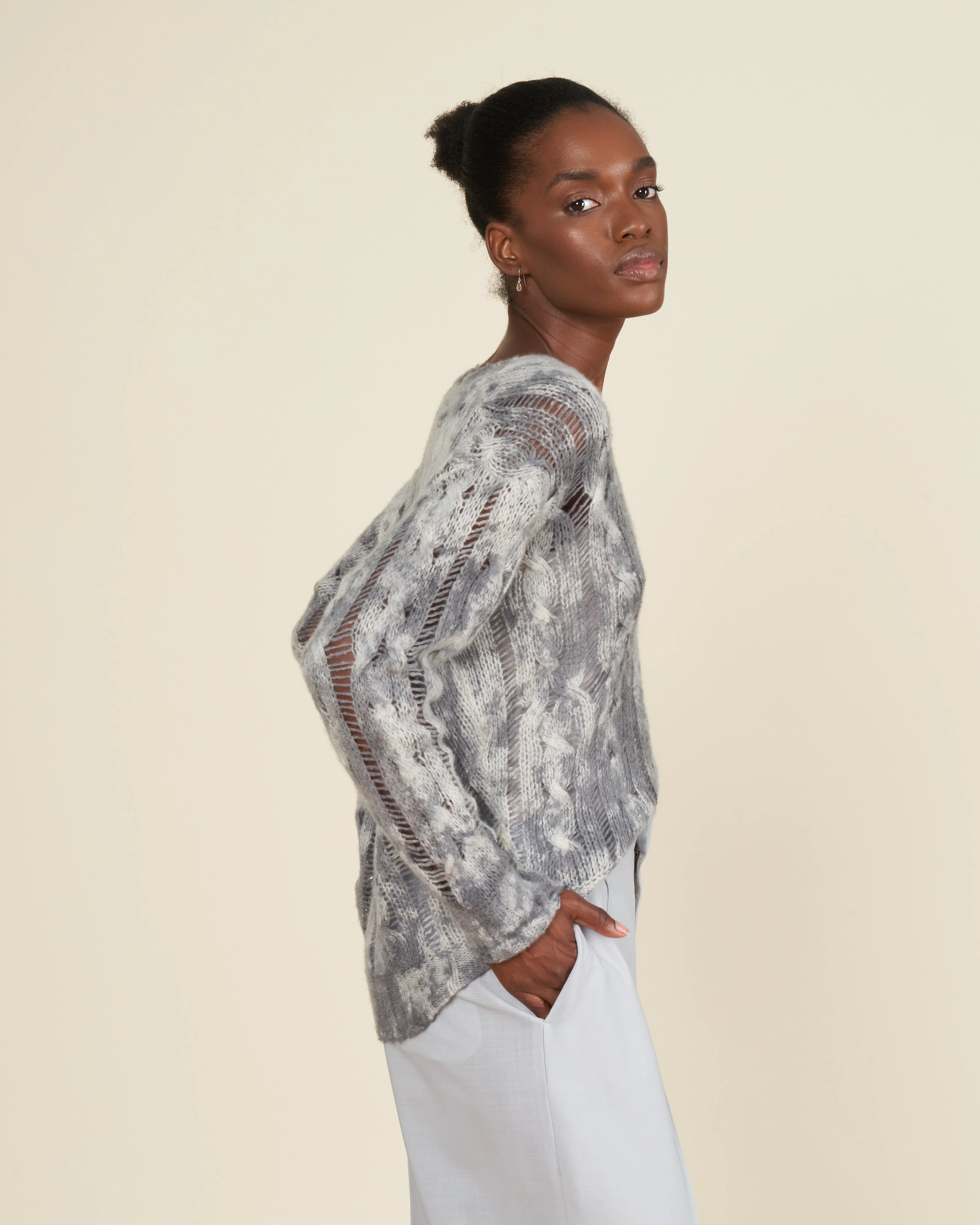 one color camouflage v neck pullover with braids - ghiaccio - Image 3