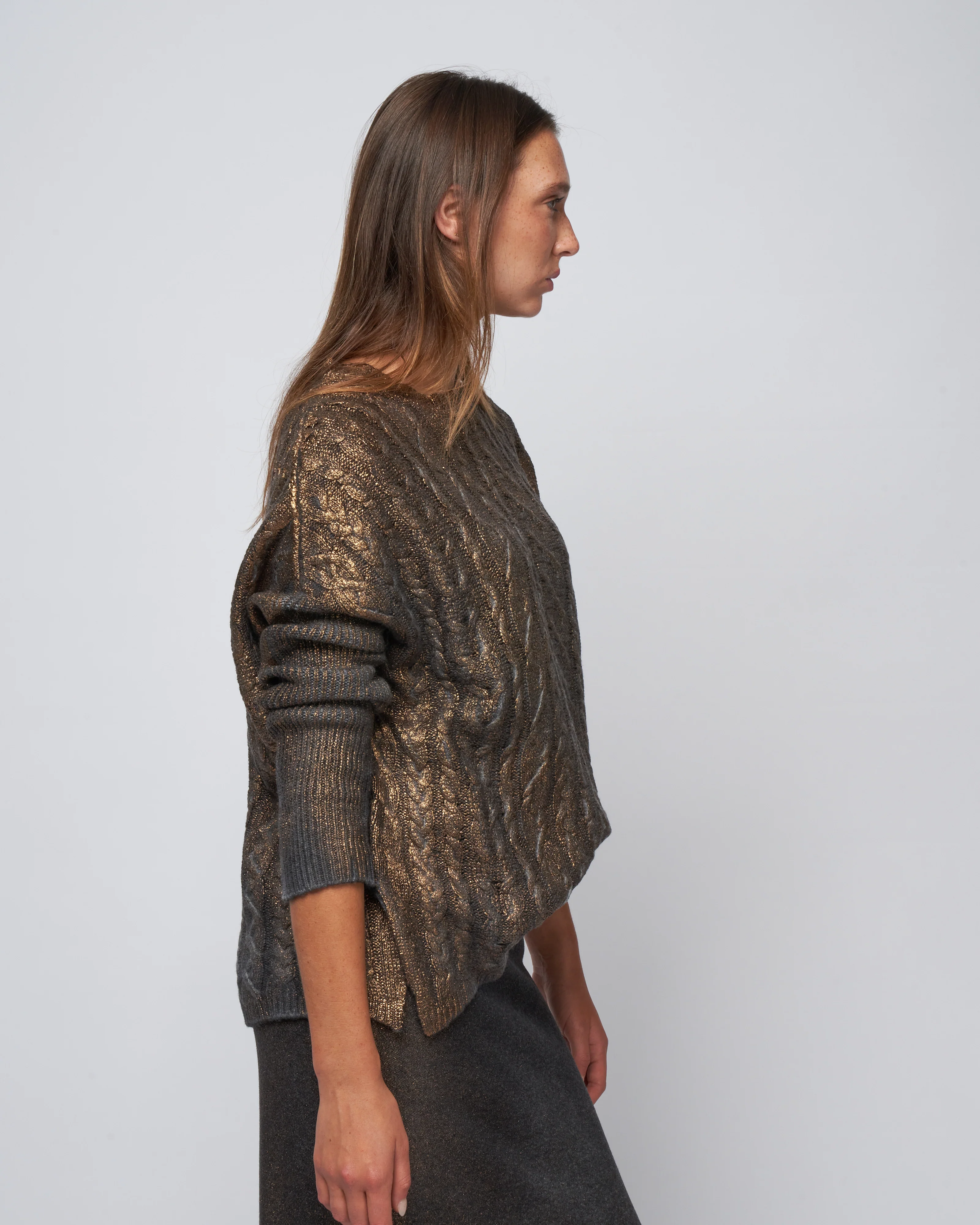 round neck cable stitch pullover - nero/lamina bronzo - Image 3