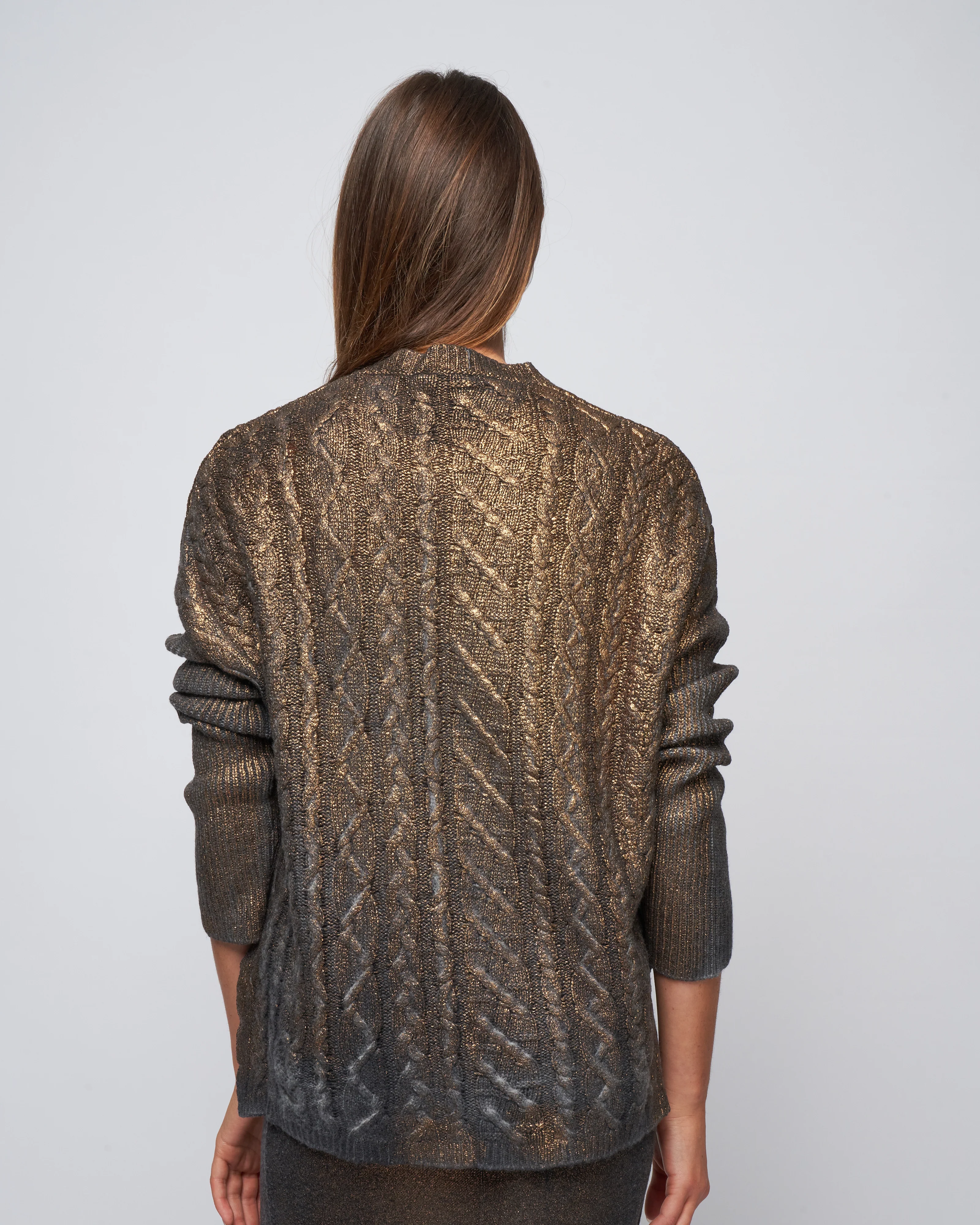 round neck cable stitch pullover - nero/lamina bronzo - Image 4