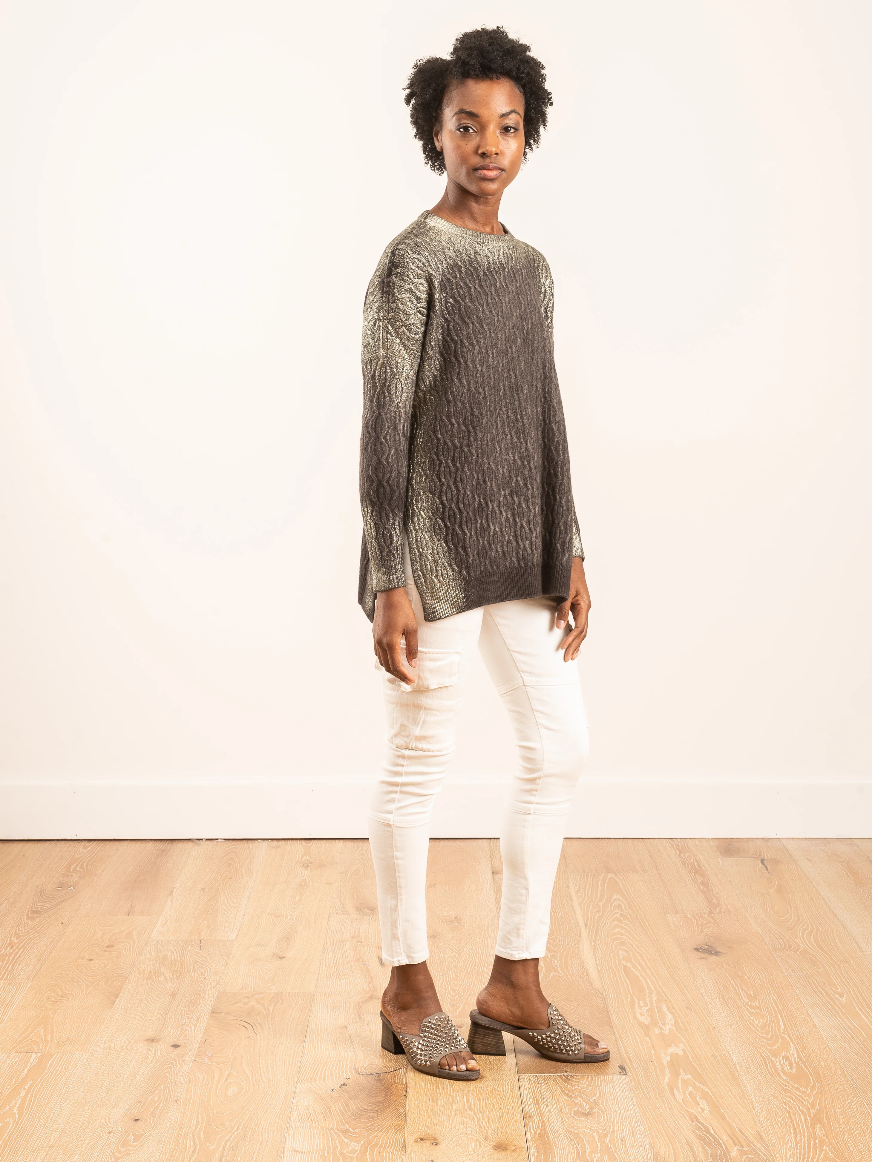 cable stitch pullover with slits and lamination - Image 2