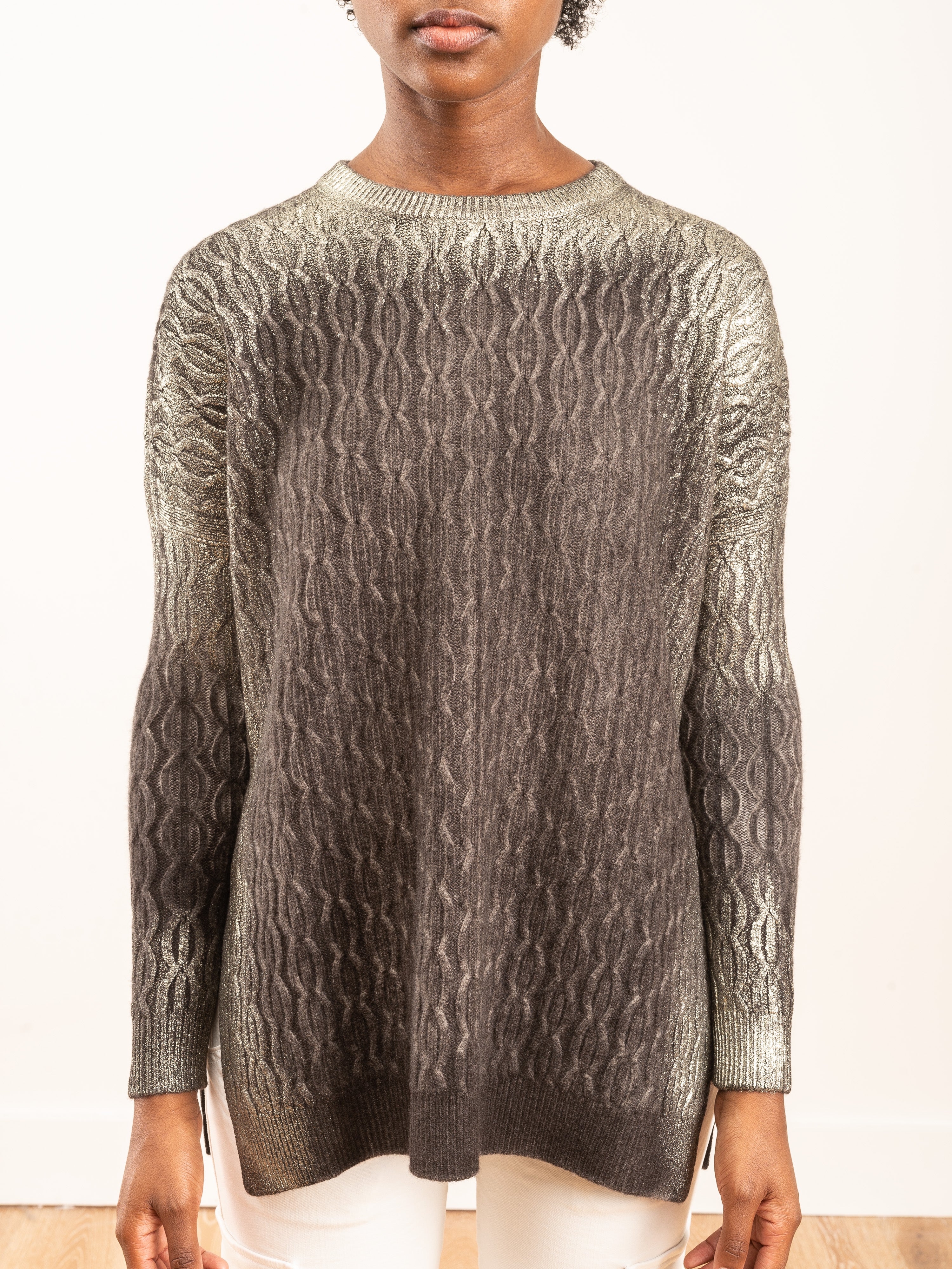 cable stitch pullover with slits and lamination - Image 4