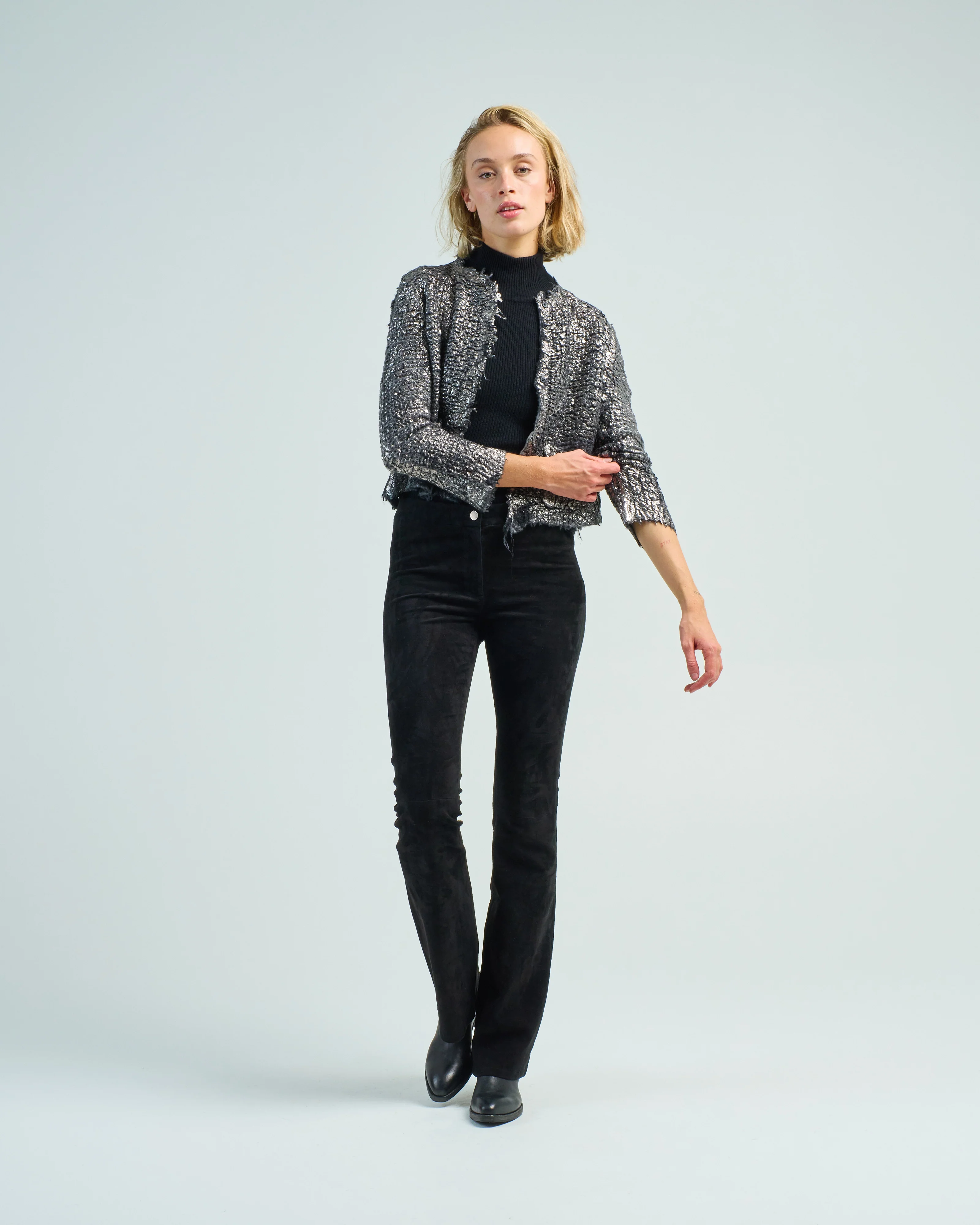 round neck furry stitch knitted cardigan with lamination - Image 2