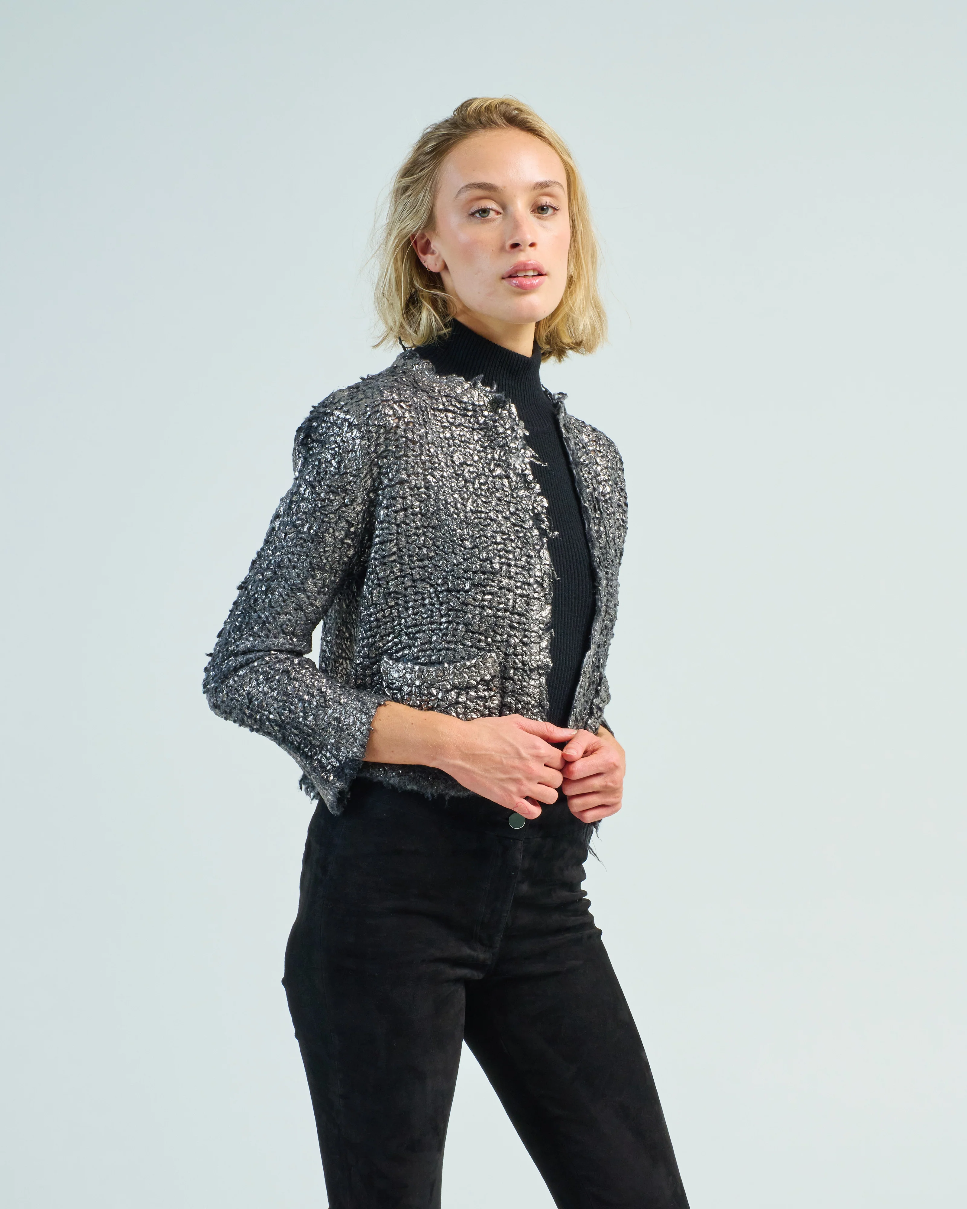 round neck furry stitch knitted cardigan with lamination - Image 3