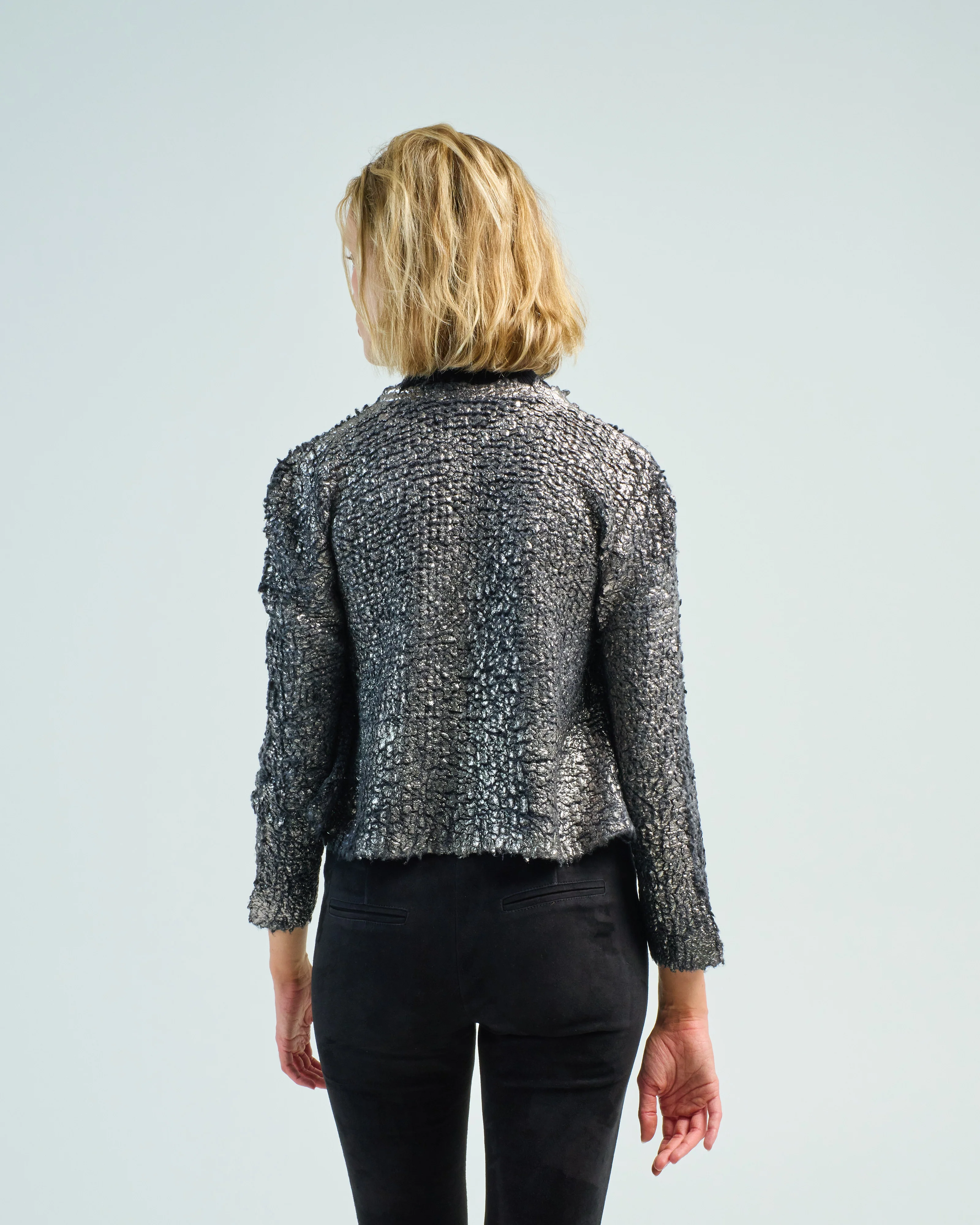 round neck furry stitch knitted cardigan with lamination - Image 4