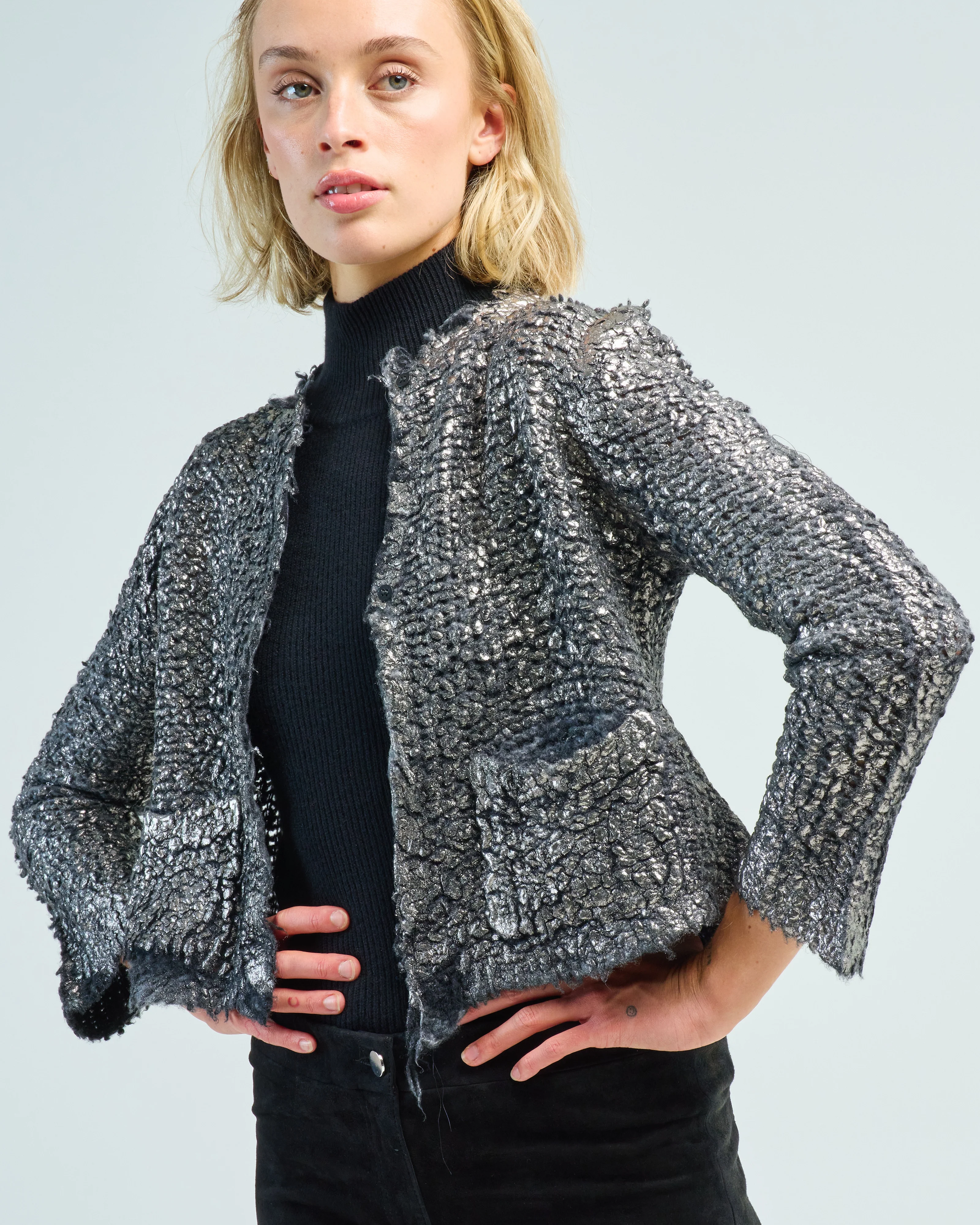 round neck furry stitch knitted cardigan with lamination - Image 5