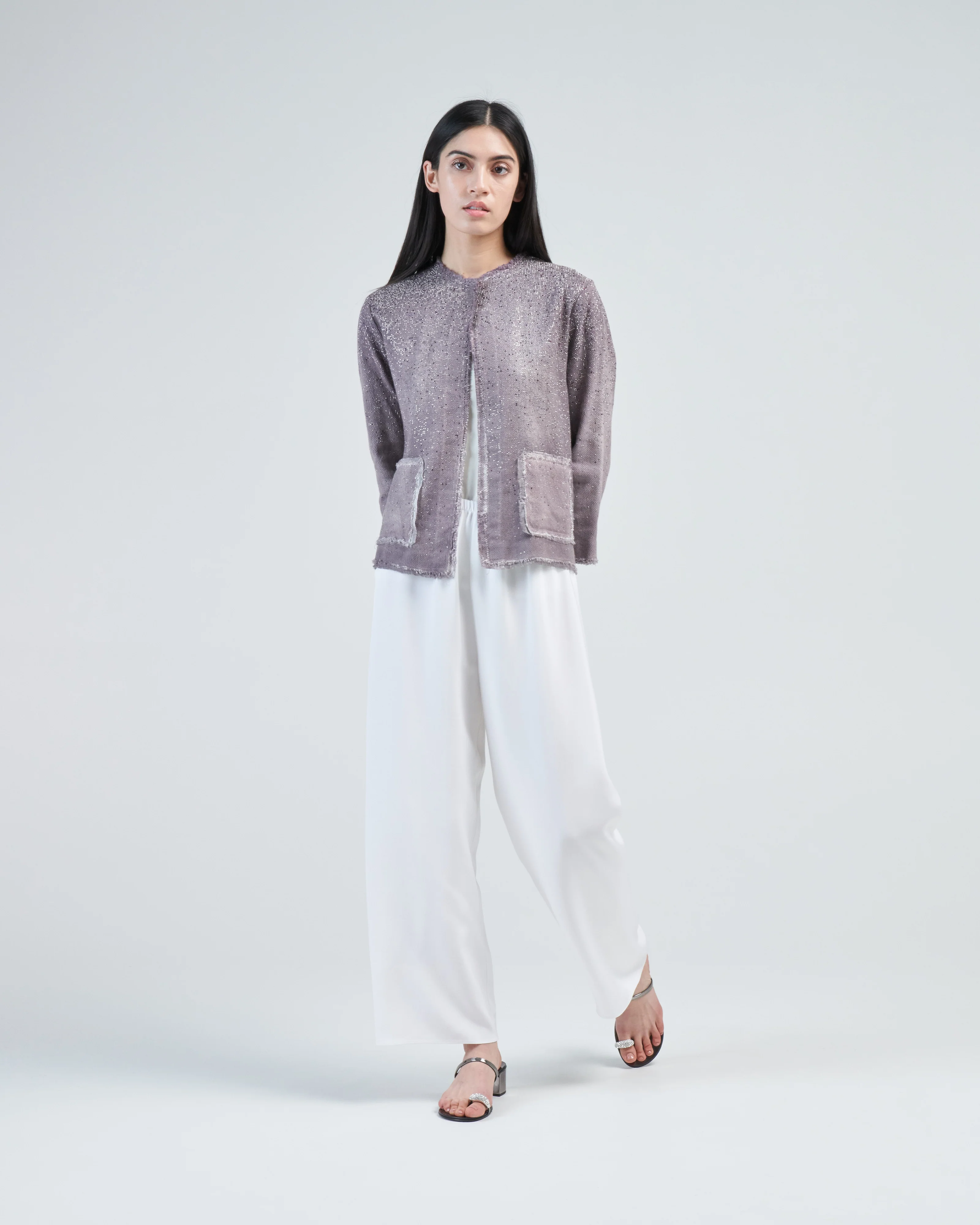 round neck micro mat stitch jacket with studs and strass - Image 2