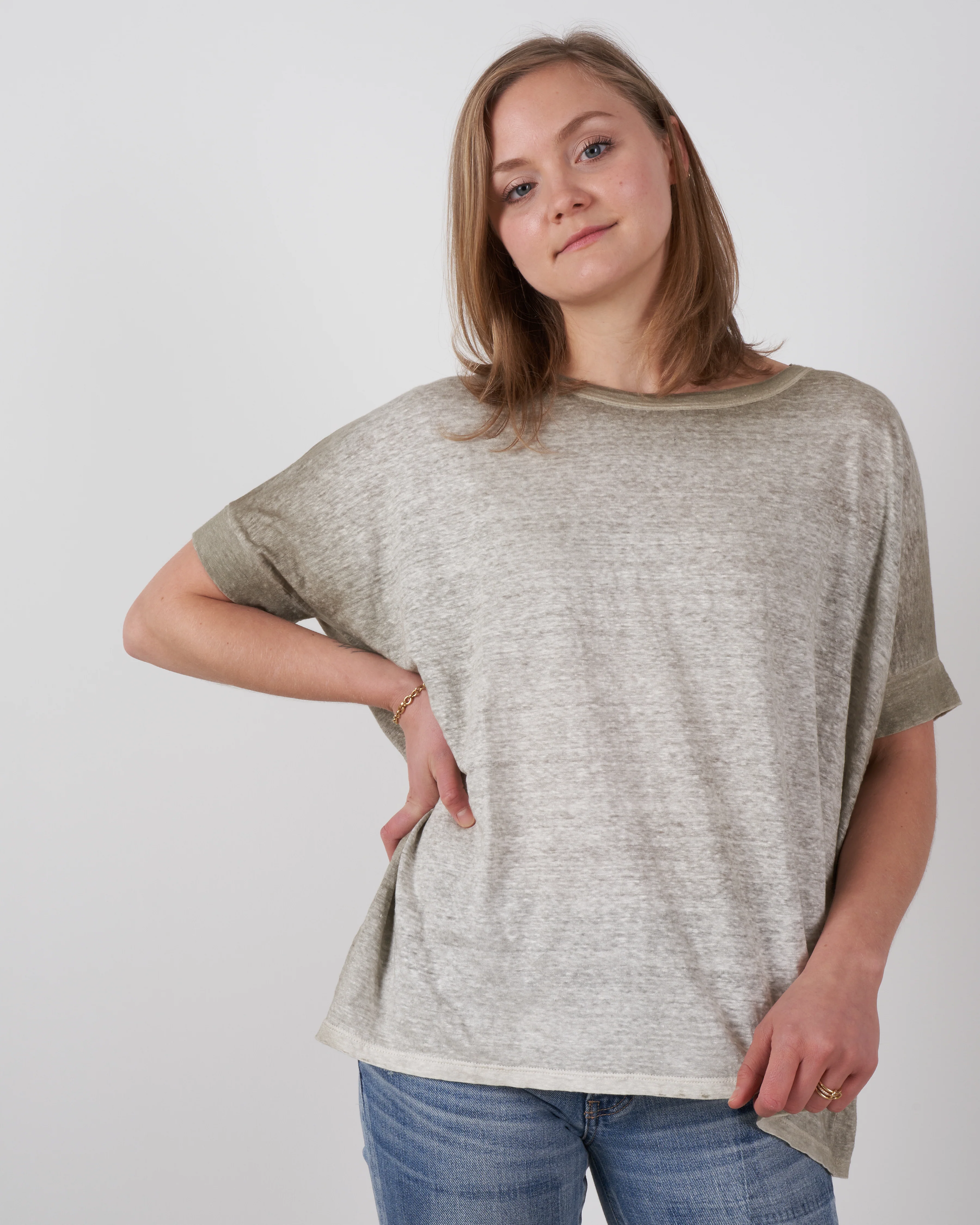 round neck over linen t-shirt - kaki - Image 3