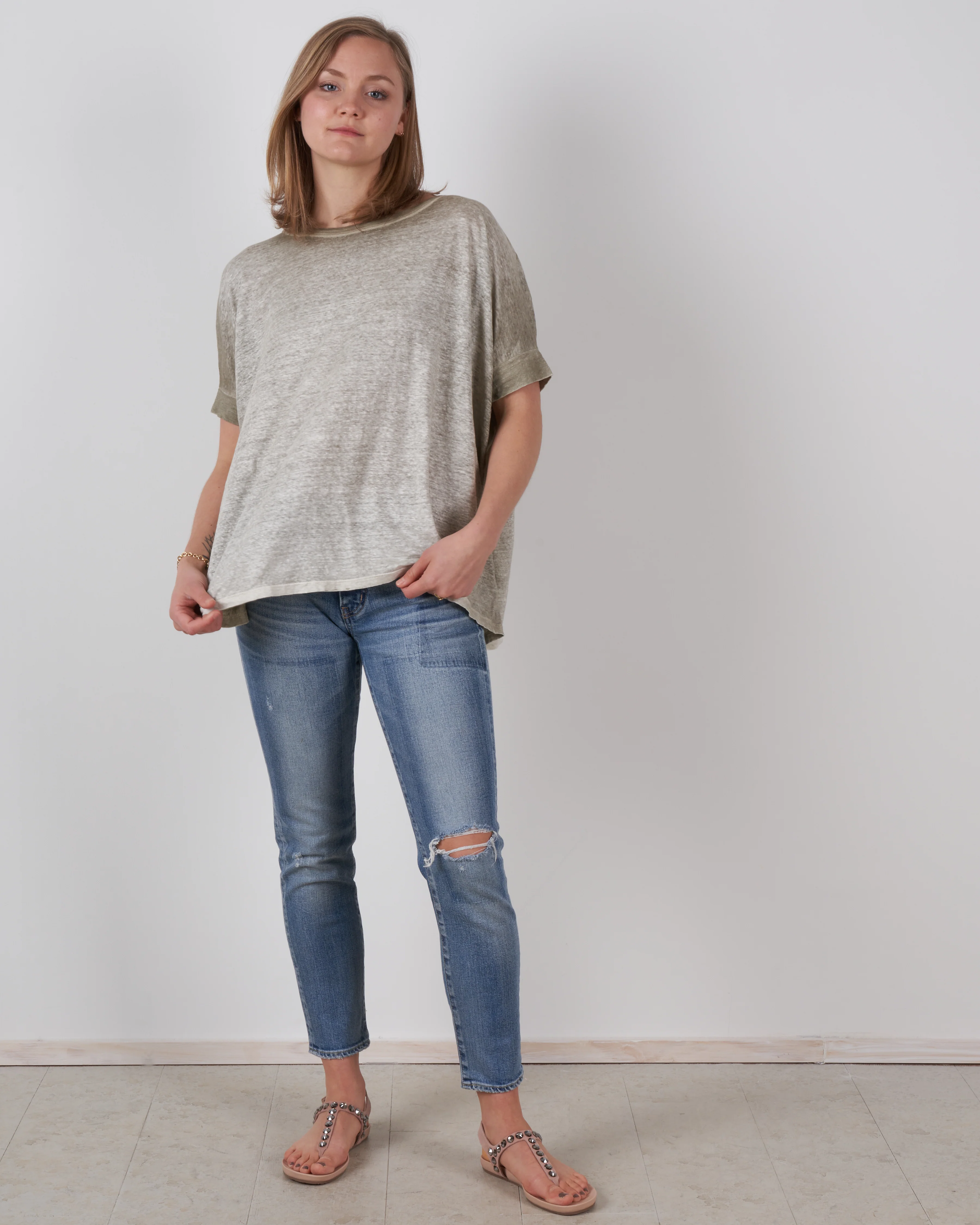 round neck over linen t-shirt - kaki - Image 5