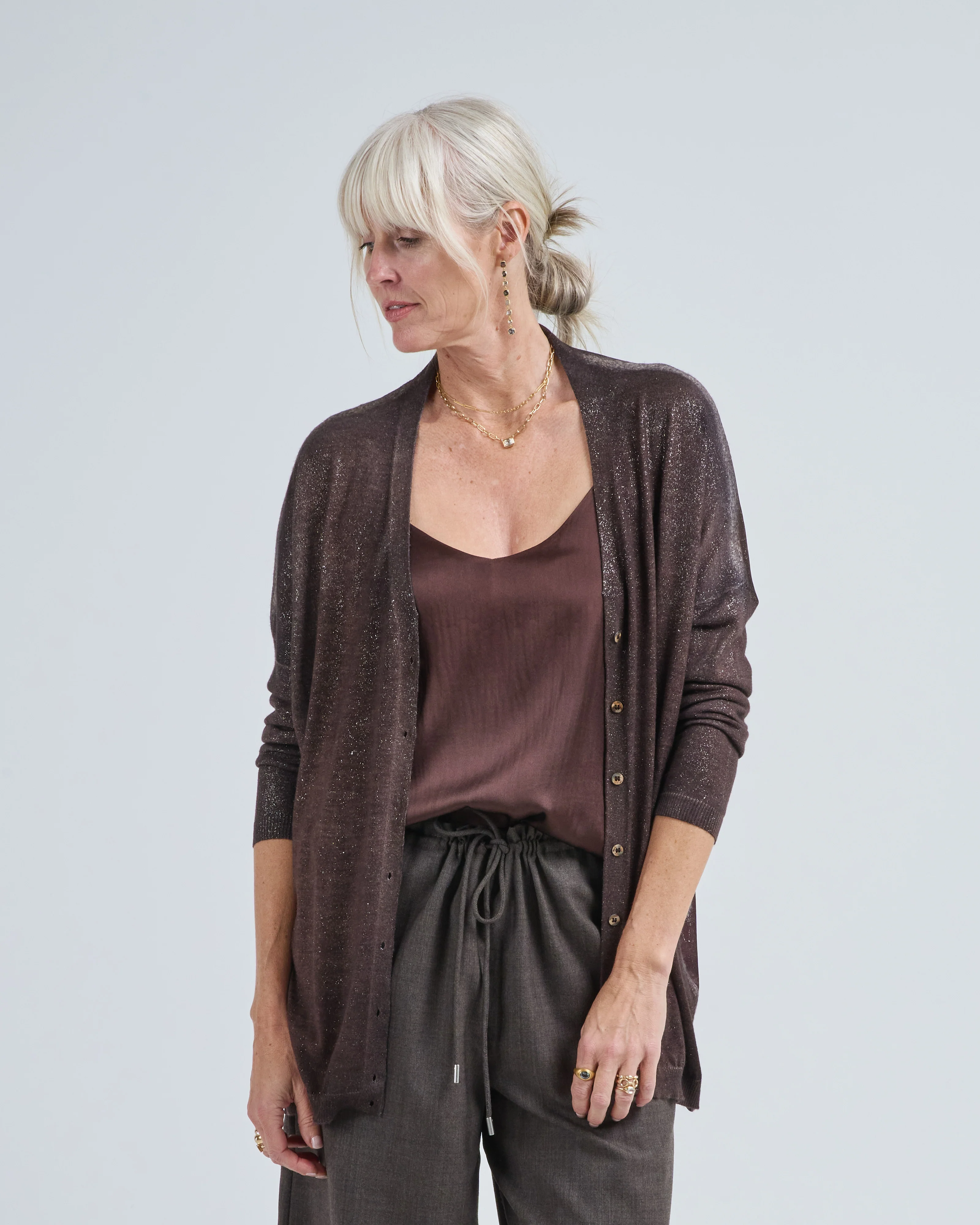 star dust effect long cardigan with silk on back - Image 3
