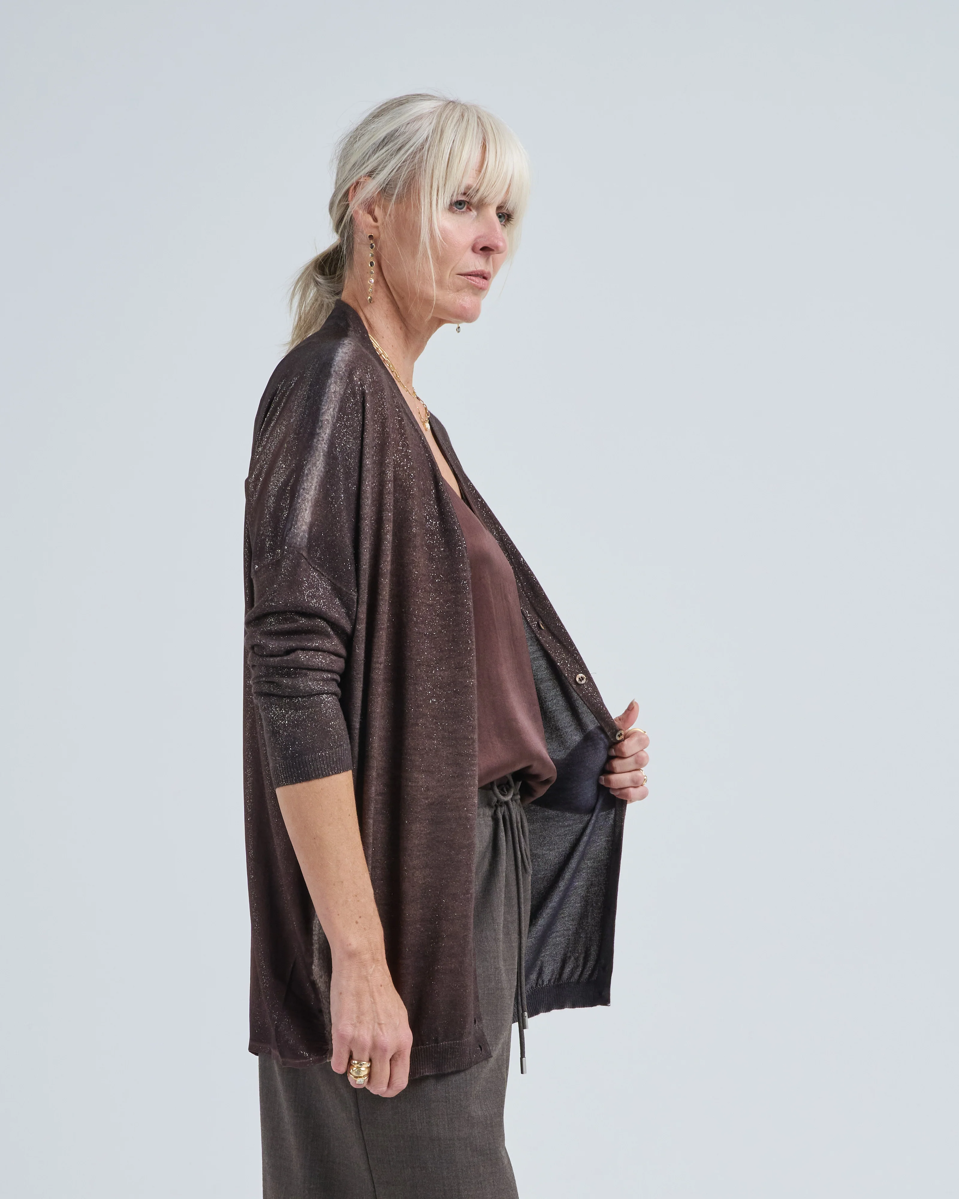 star dust effect long cardigan with silk on back - Image 4