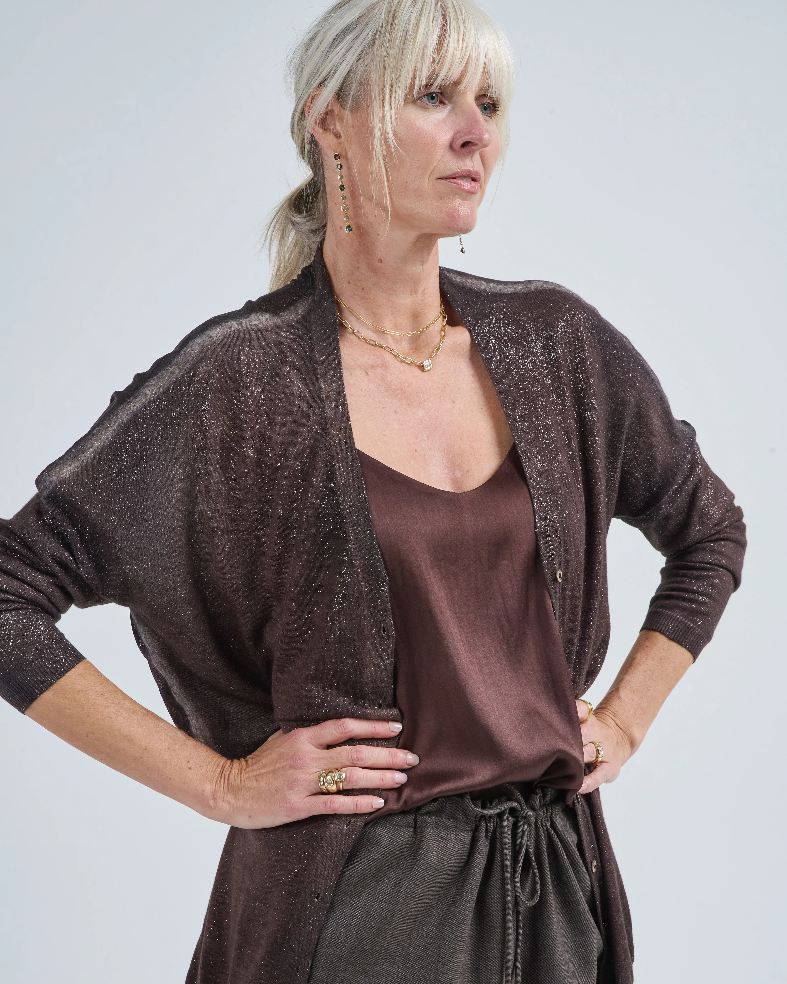 star dust effect long cardigan with silk on back - Image 5