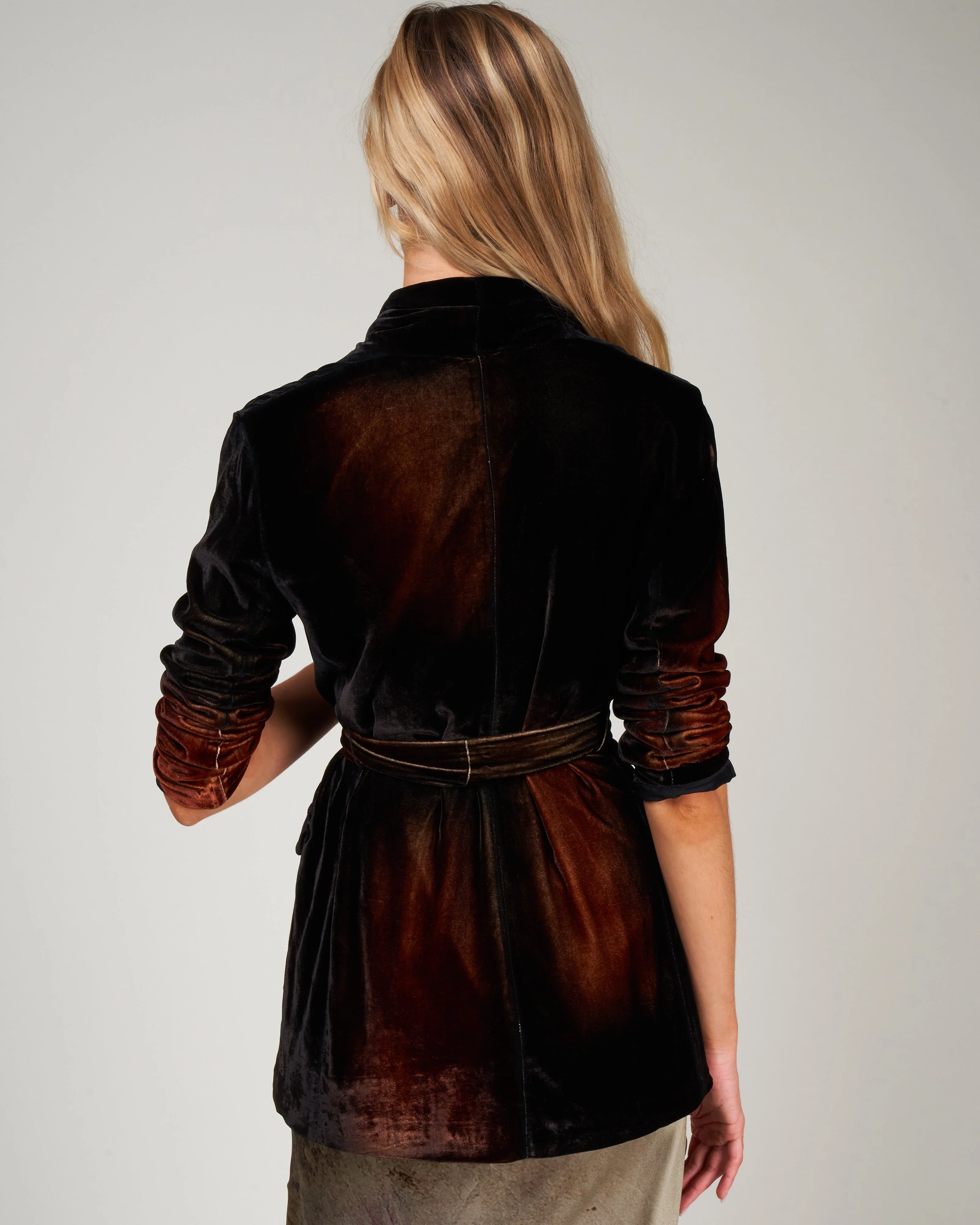 stretch velvet jacket with shadows and belt - cioccolato - Image 4