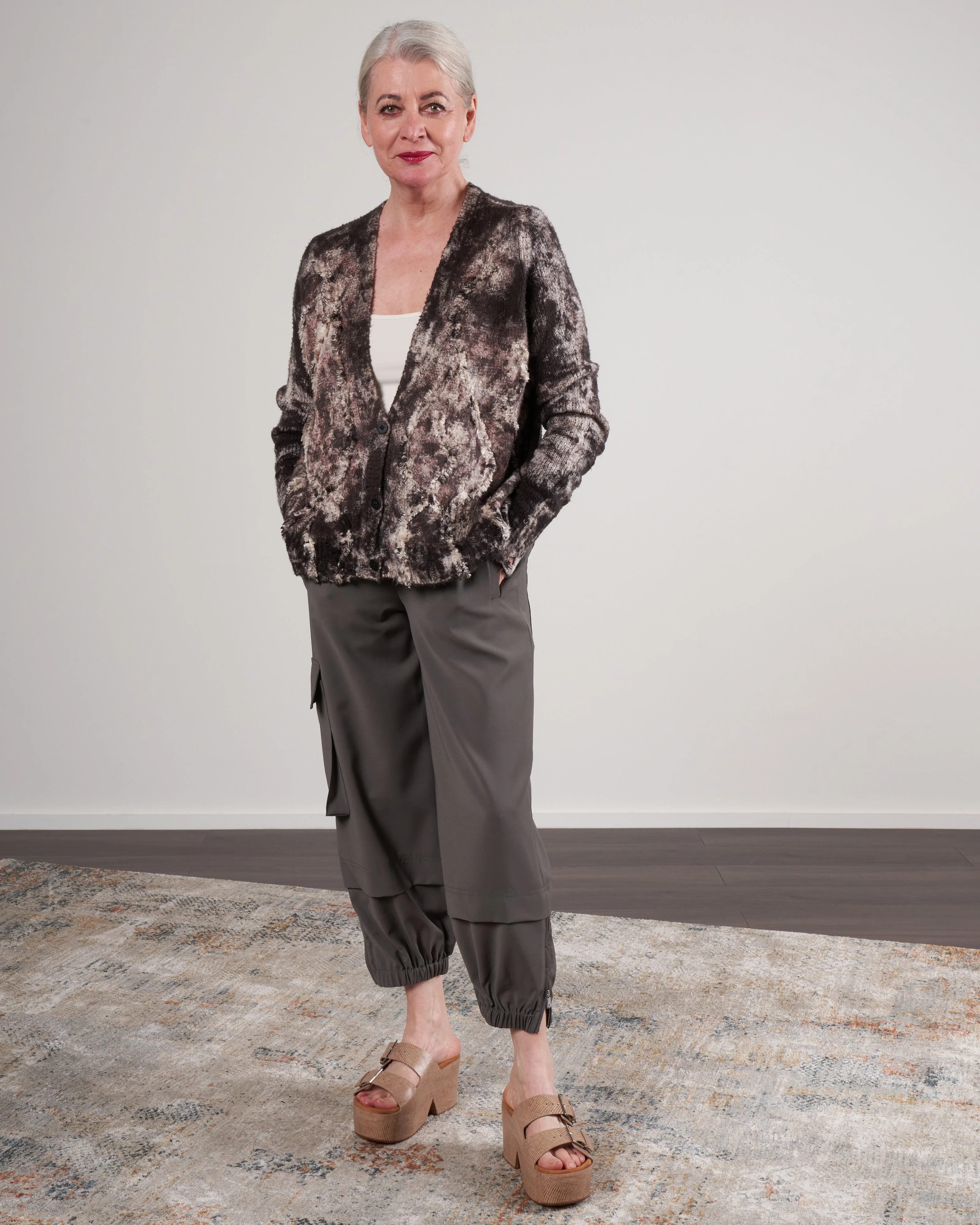 v neck brushed cotton cardigan with destroyed edges and embroidery - carruba - Image 2