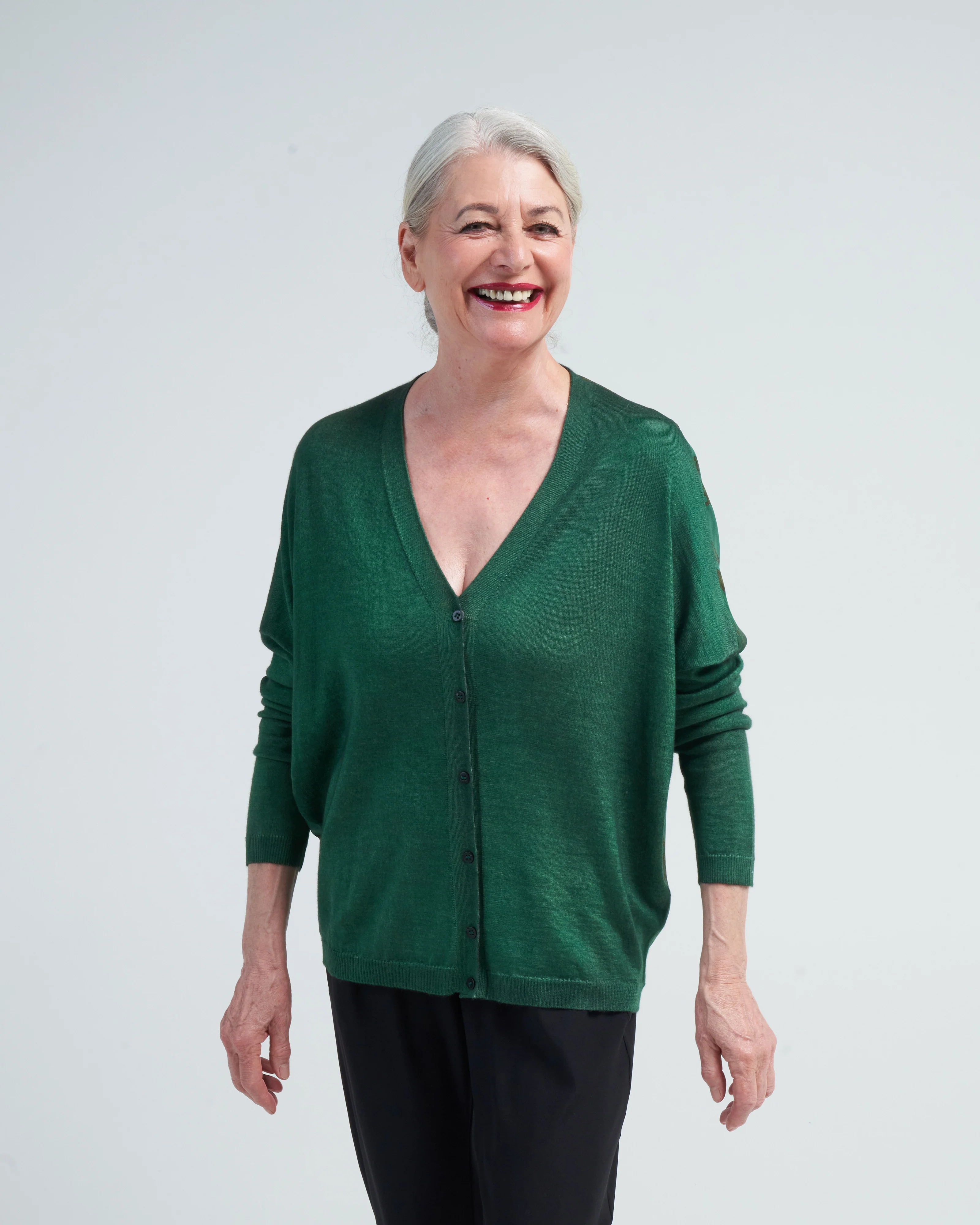 v neck cardigan with vintage one of a kind foulard on back - n/wild