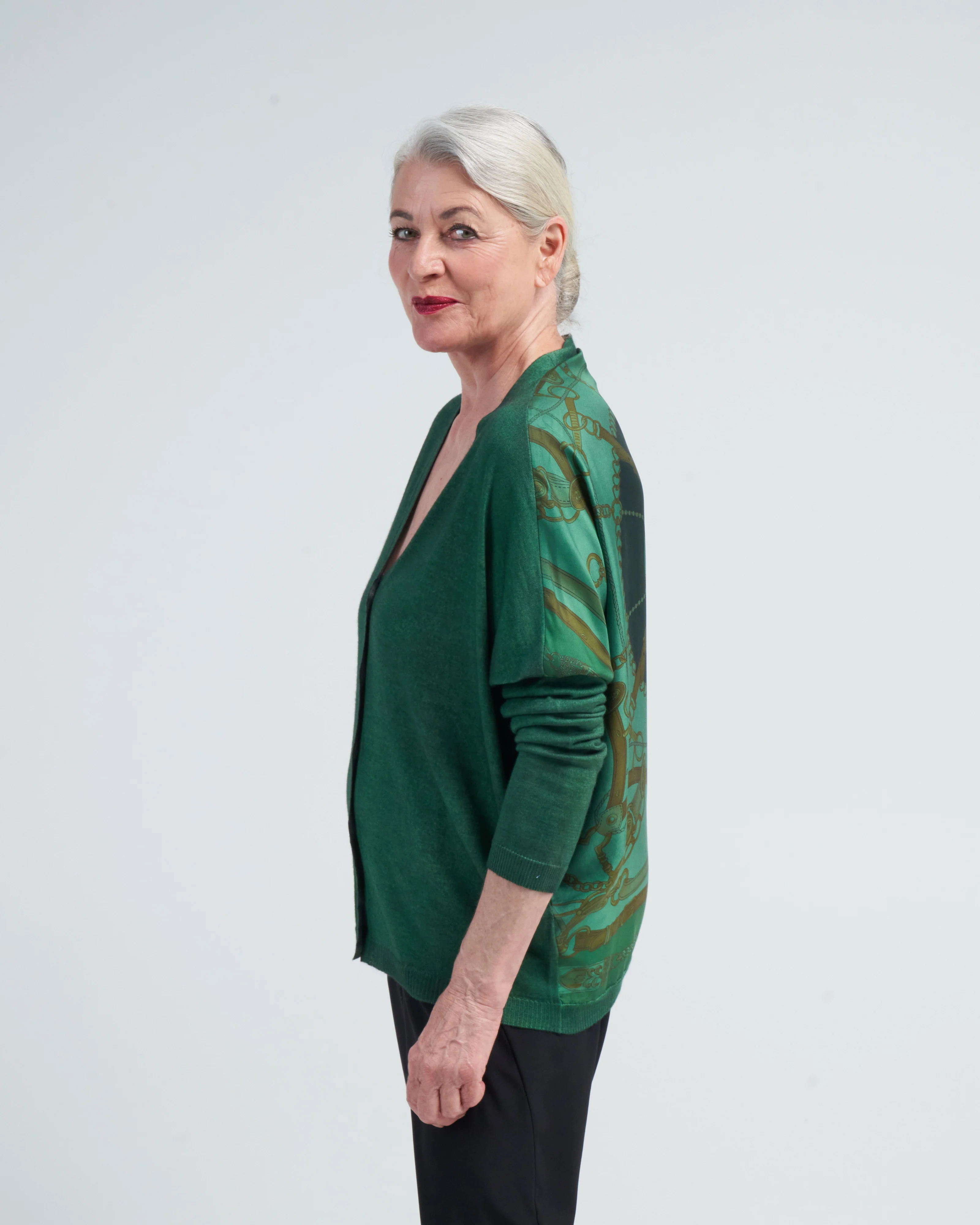 v neck cardigan with vintage one of a kind foulard on back - n/wild - Image 4