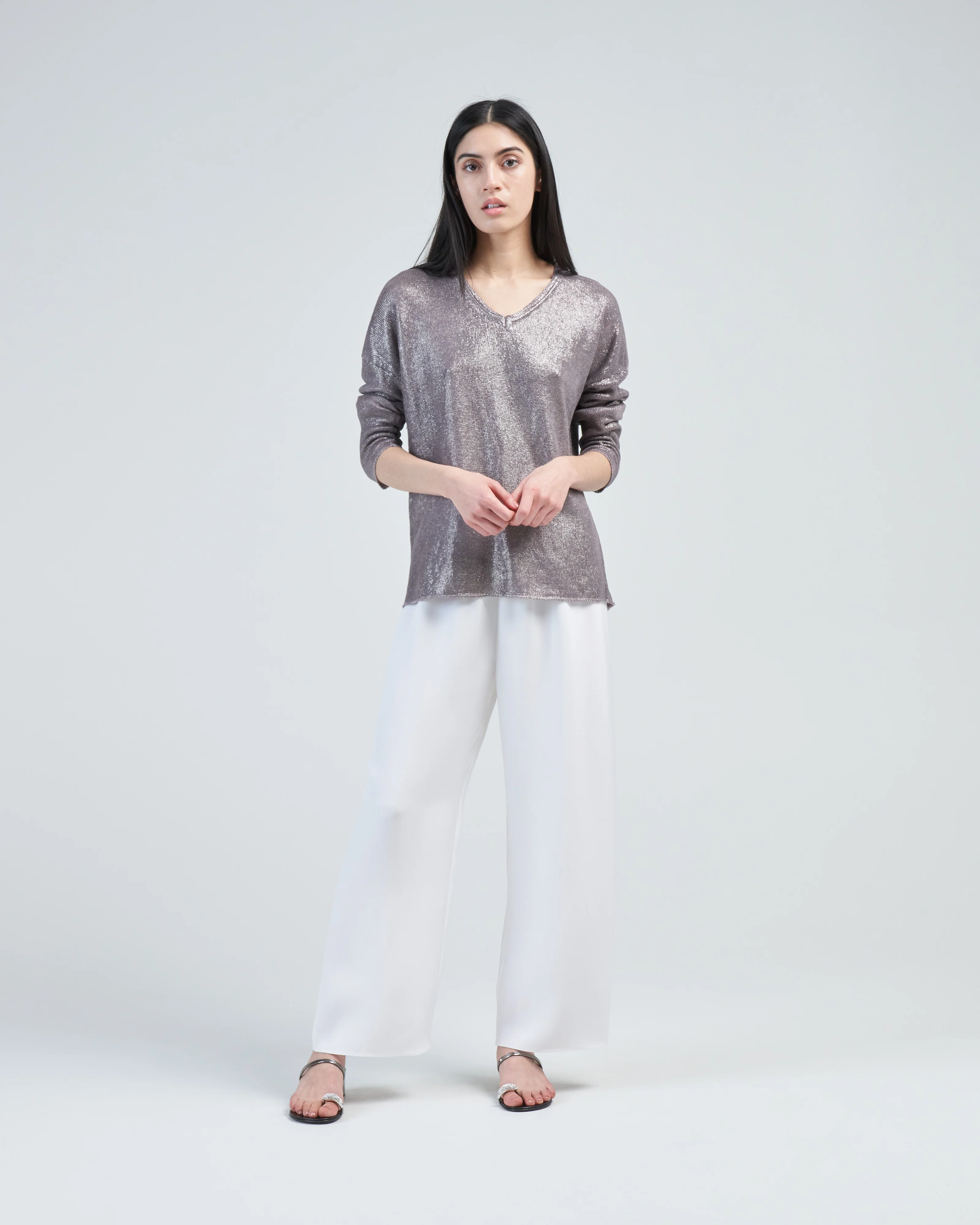 v neck linen pullover with lamination - Image 2