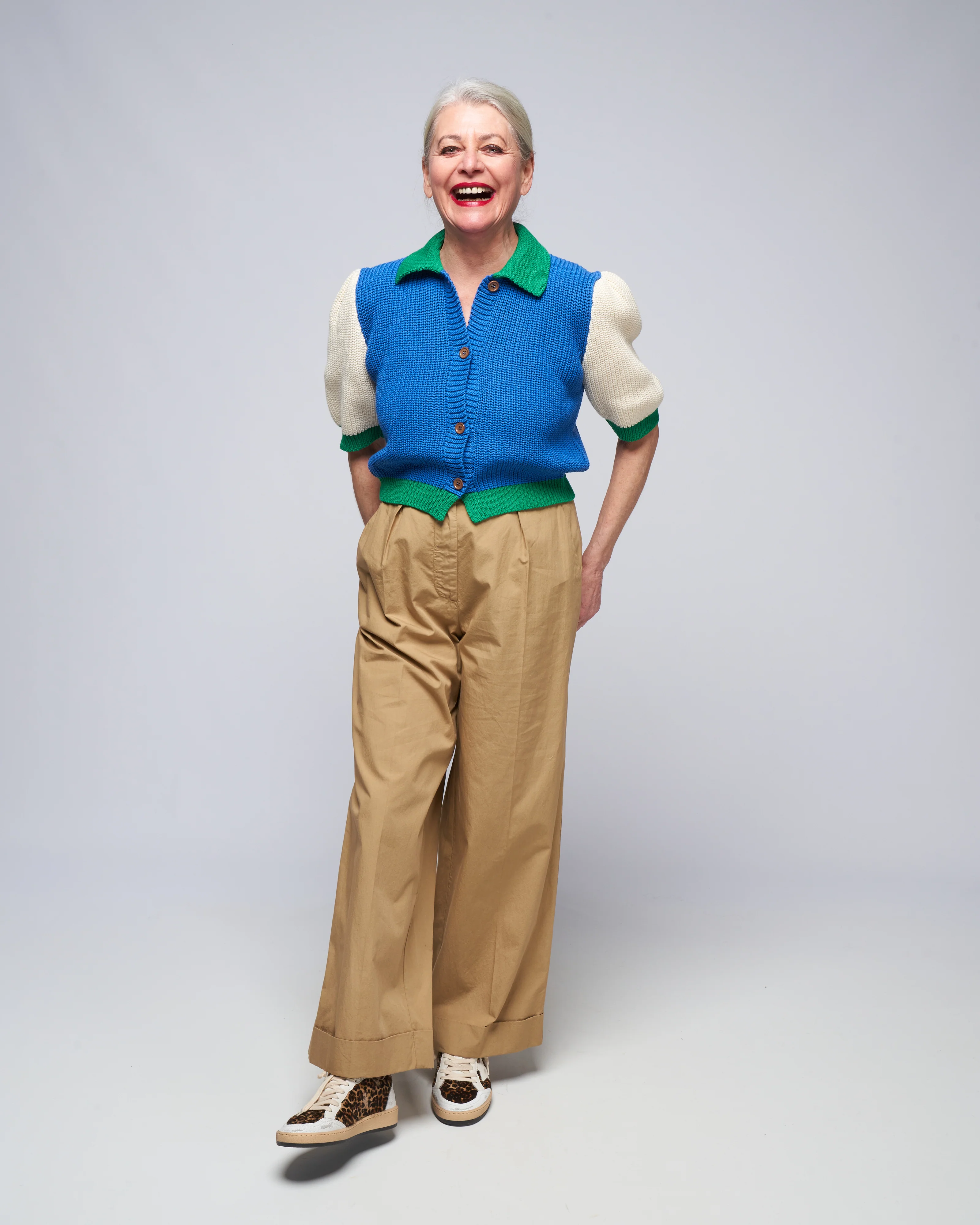 cardiganino sweater - white sleeves & green details - Image 2