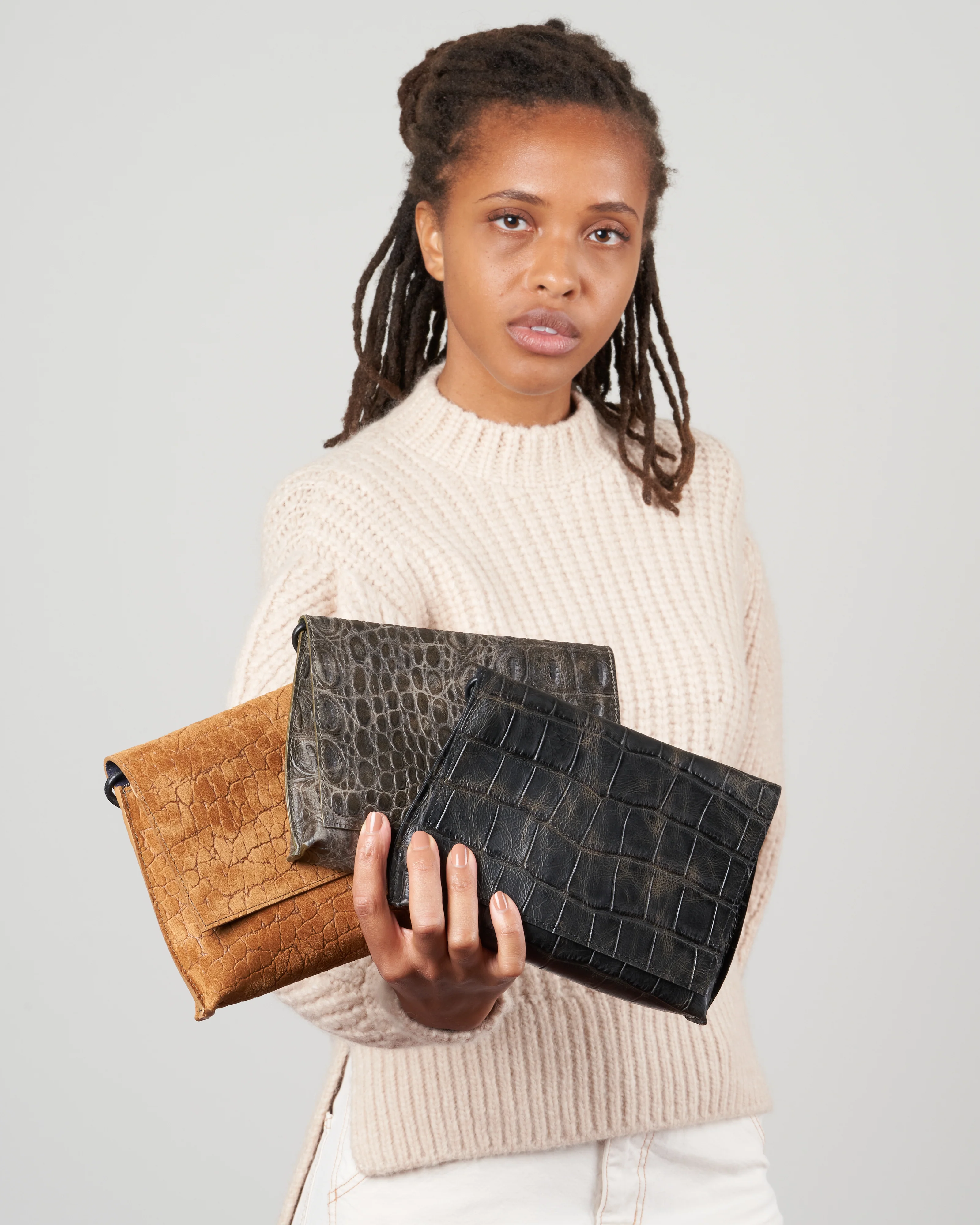 strappy foldover - tawny embossed suede w/graphite detail - Image 4