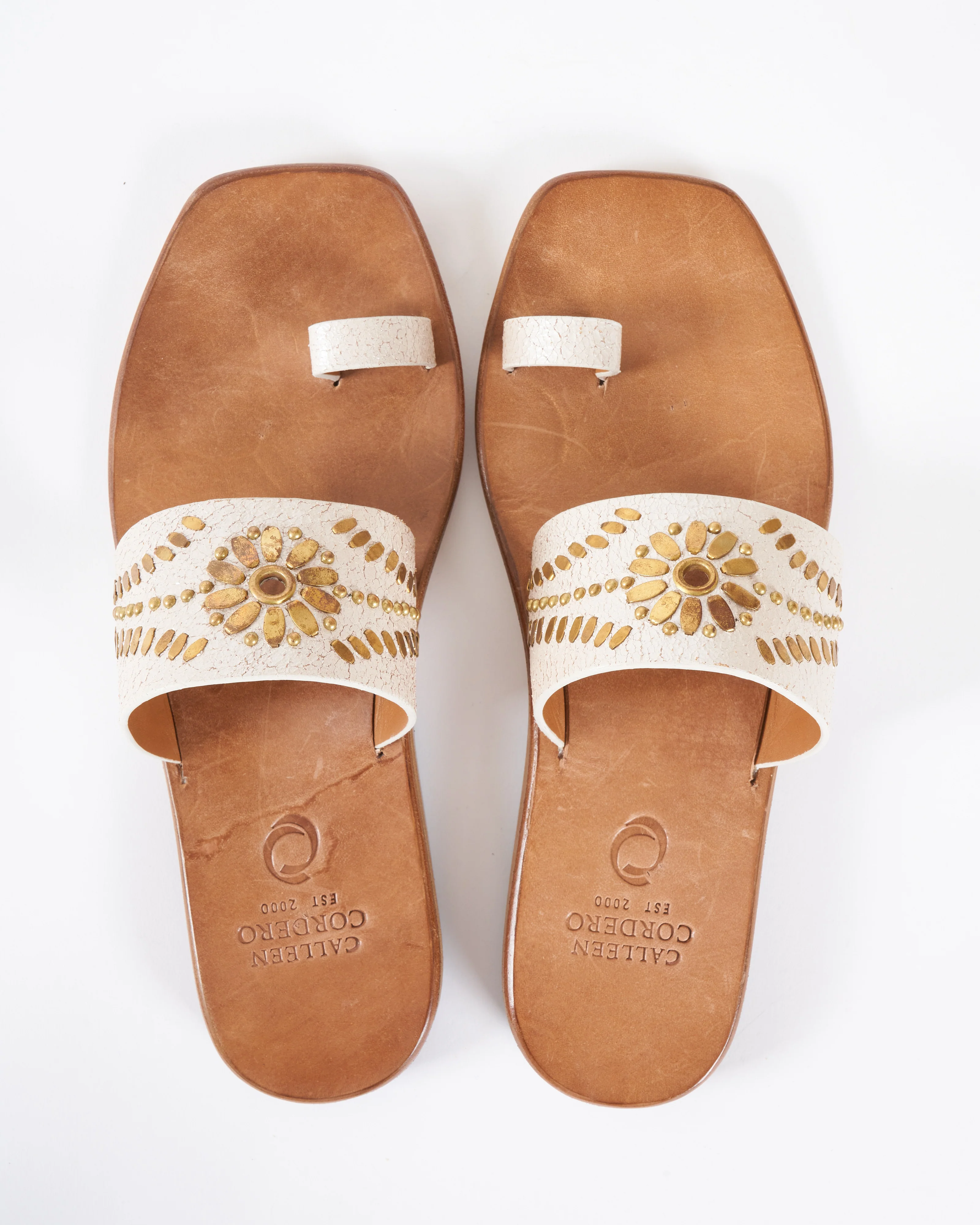 mexico square toe sandal - white pearl leather/brass artwork - Image 3
