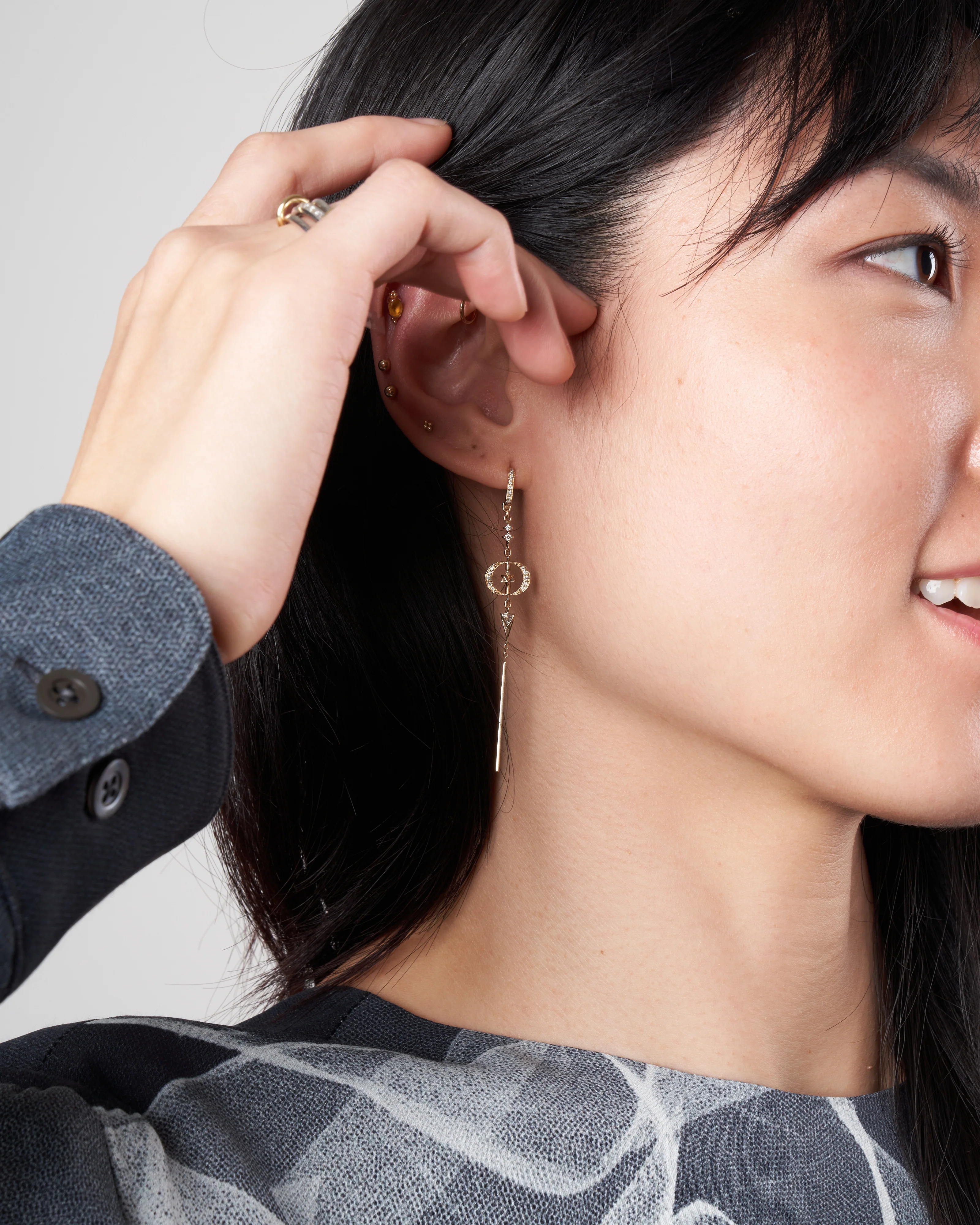 moon diamonds merkabah earrings - gold and stone