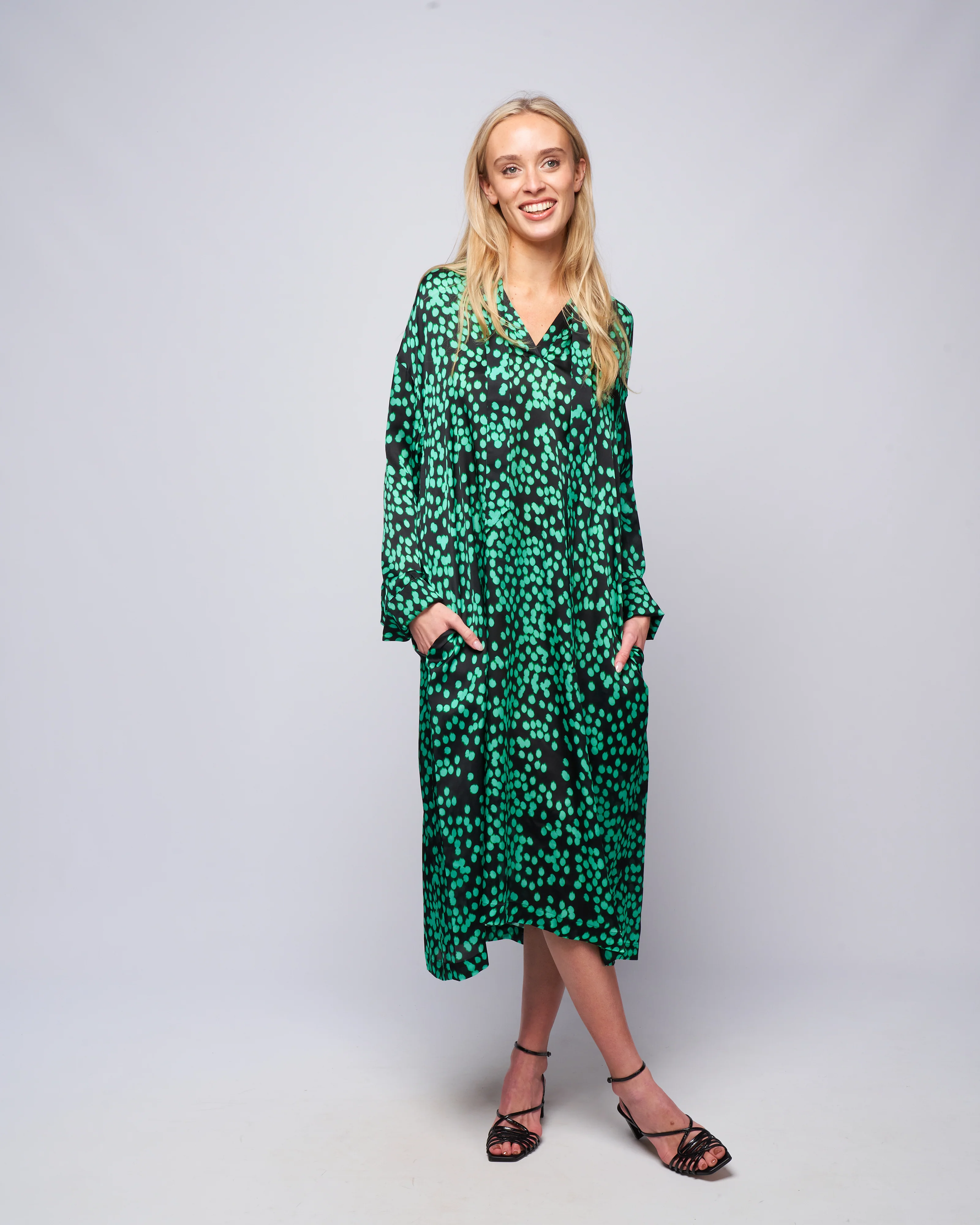oversized shirt dress with gathered neckline & bow - green dots - Image 2