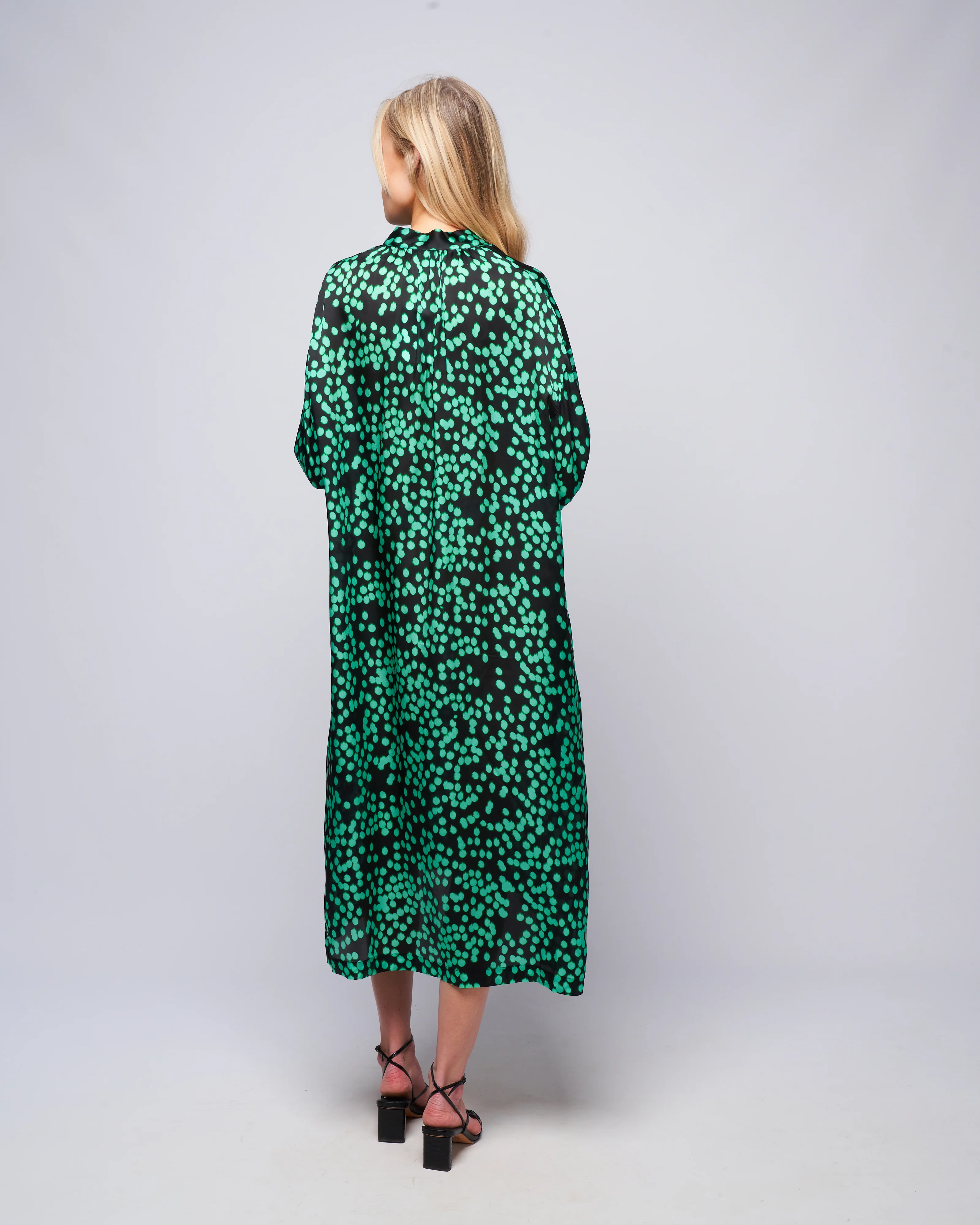 oversized shirt dress with gathered neckline & bow - green dots - Image 4