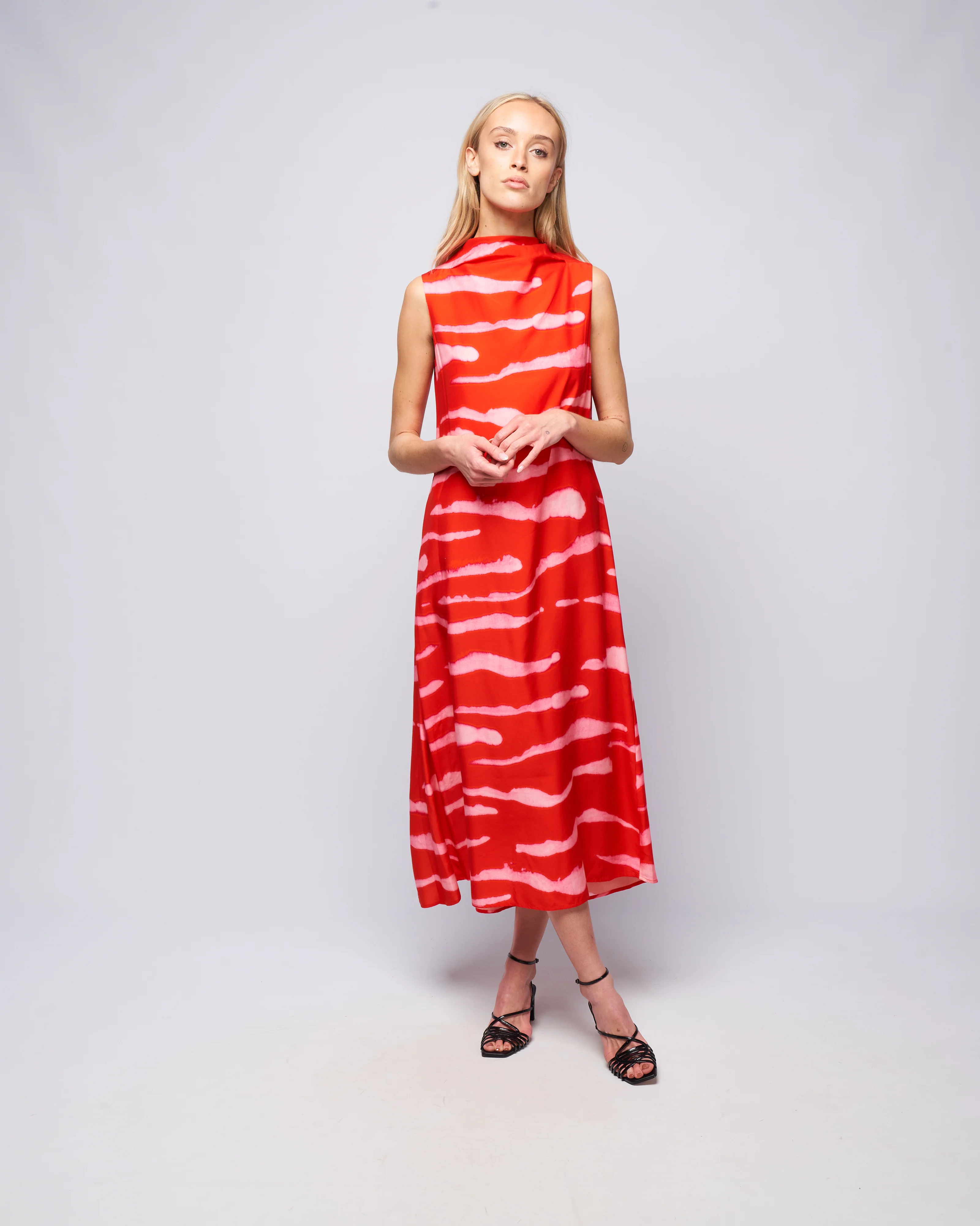 sleeveless dress with draped neckline - red wild stripes - Image 2