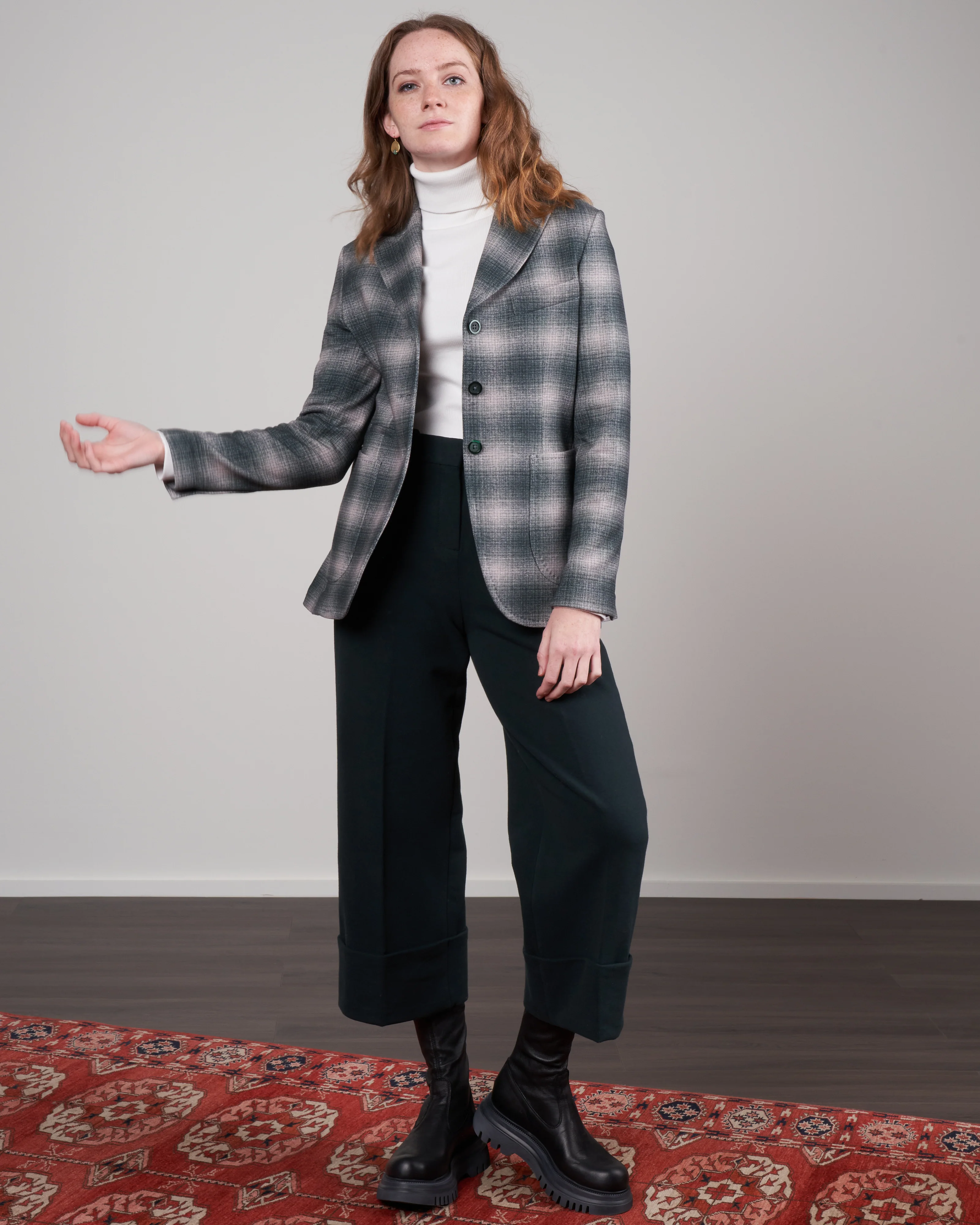 blurred check three button blazer - forest - Image 2