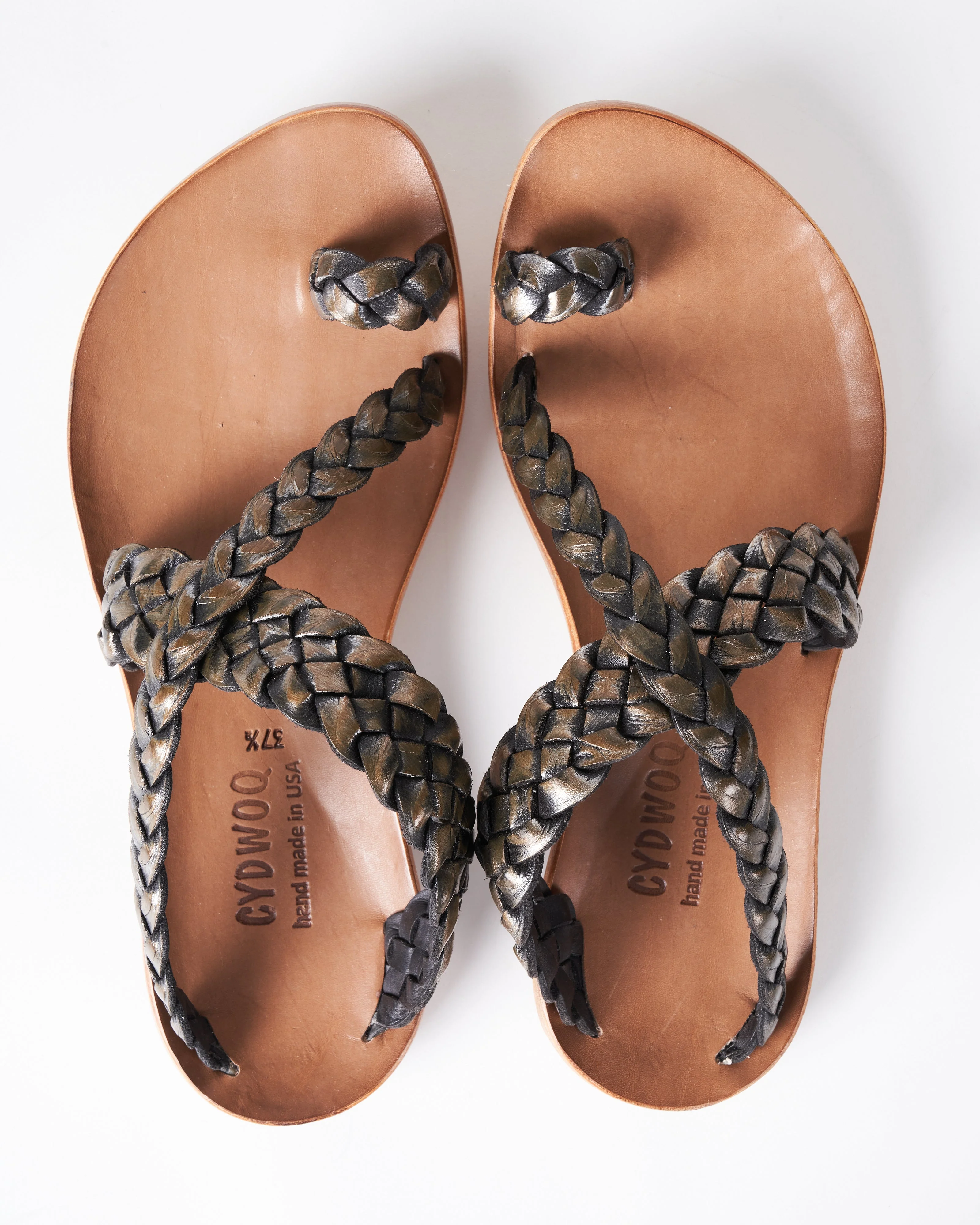 revival - braided leather flat sandal - metalic green - Image 3