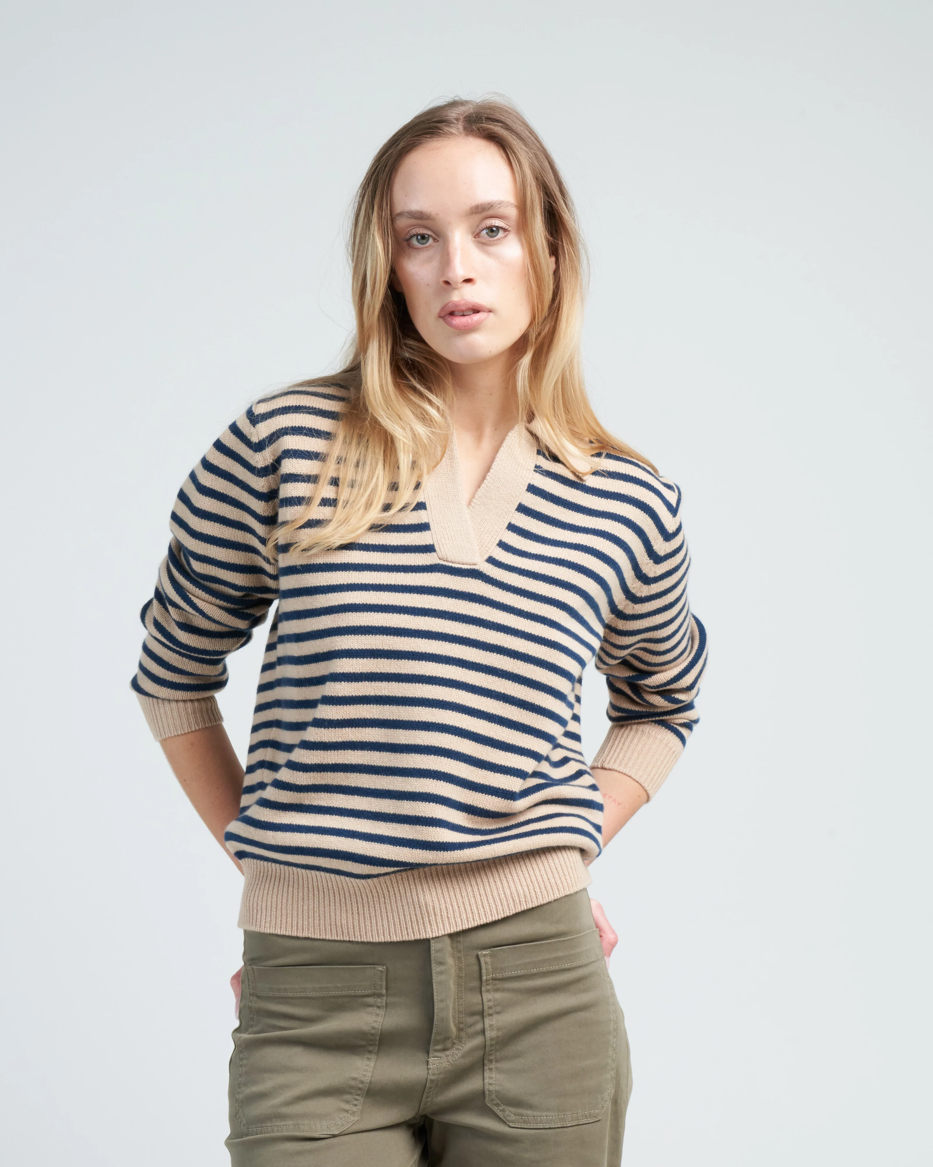 lucian stripe sweater - biscuit/dark indigo - Image 2