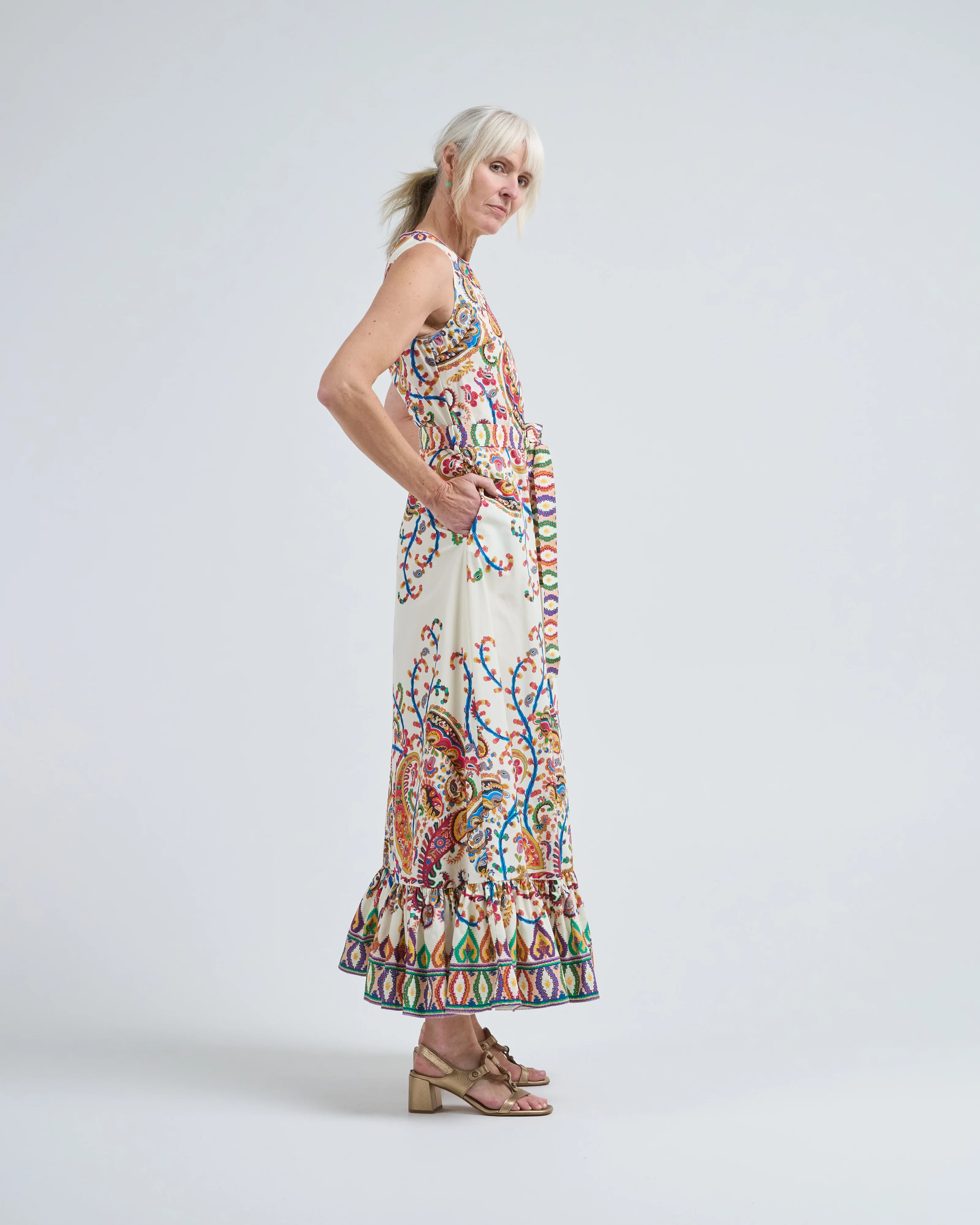 maxi a-line dress w/ belt and hem flounce - Image 3