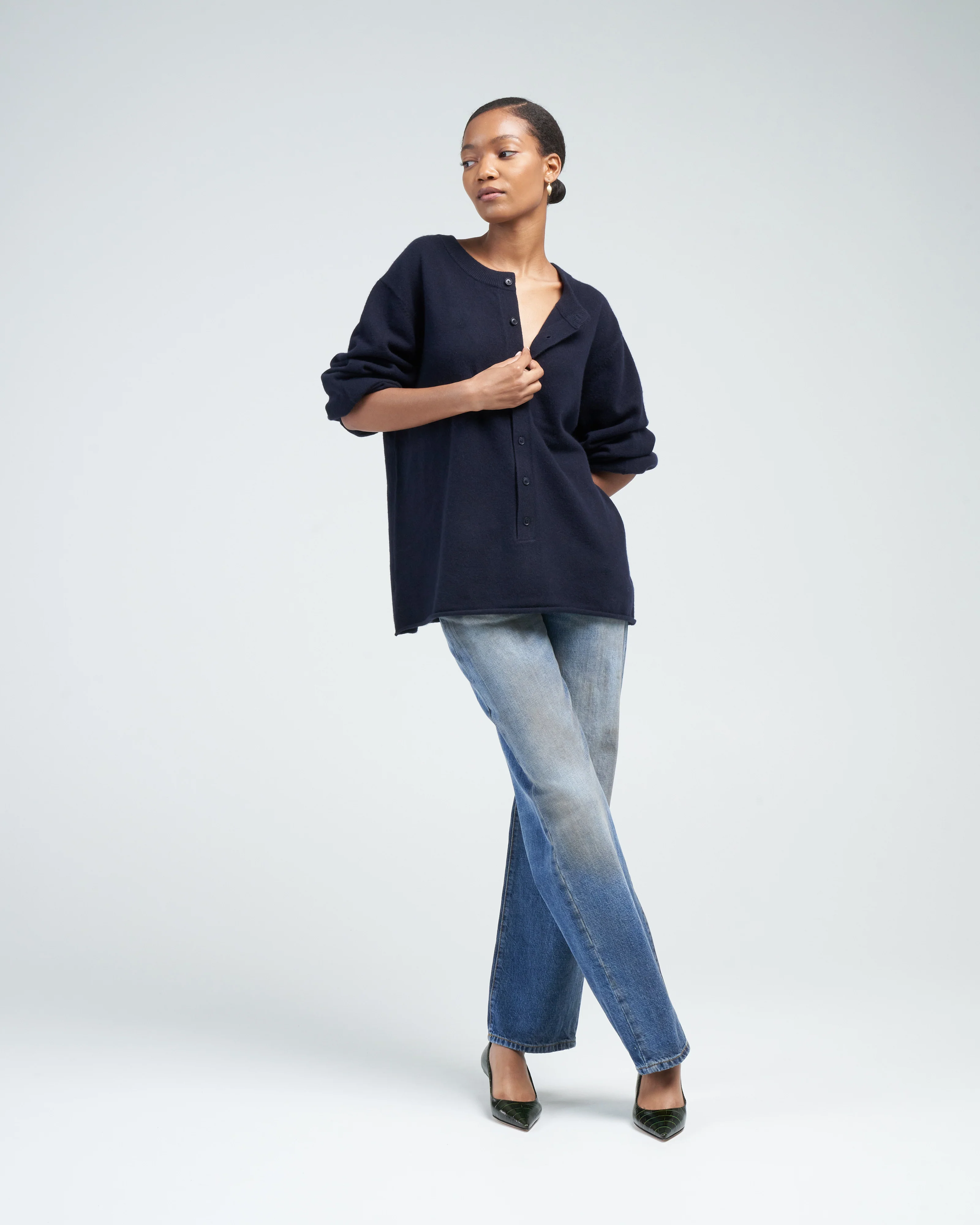 draped sleeve henley - navy - Image 2