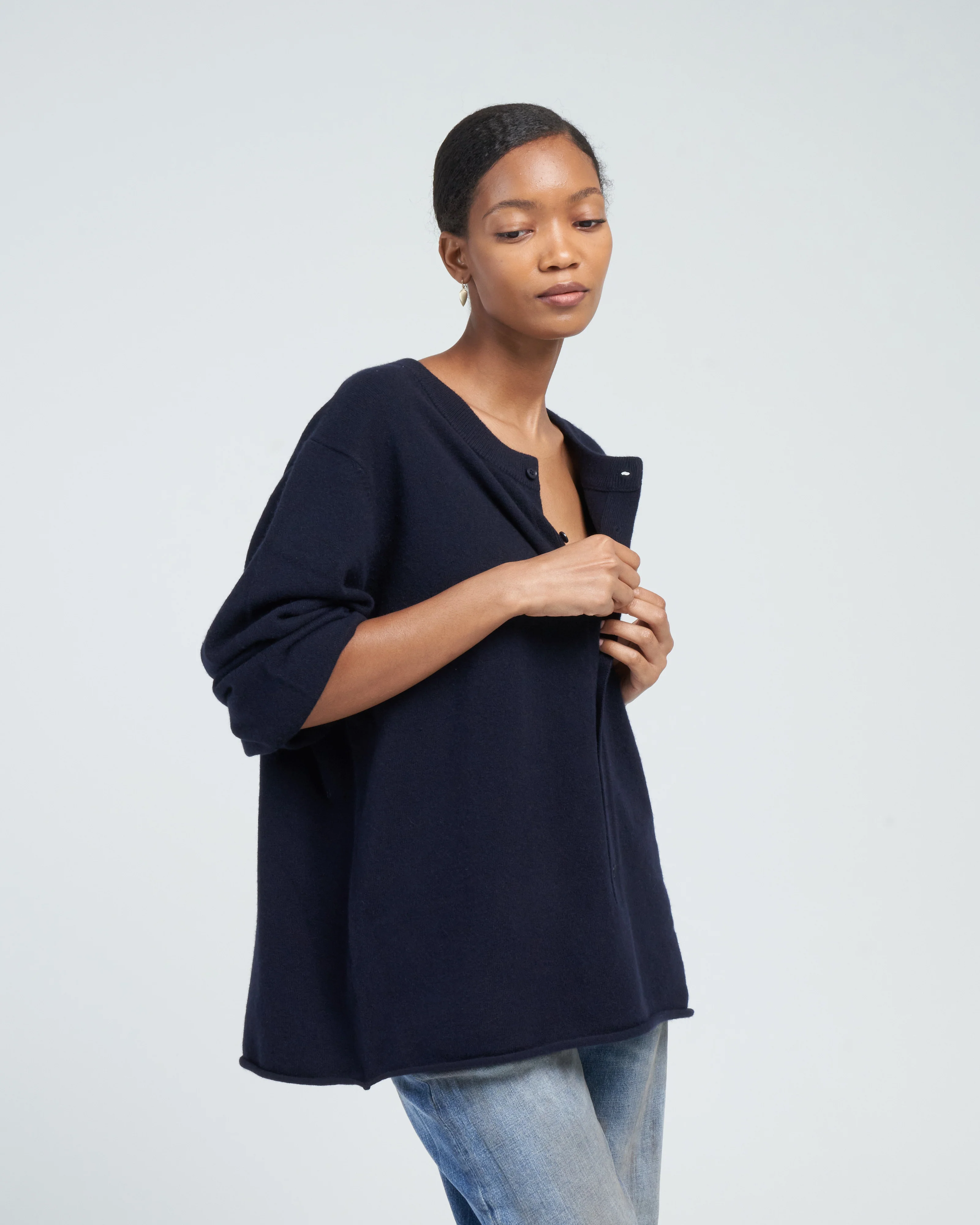 draped sleeve henley - navy - Image 3