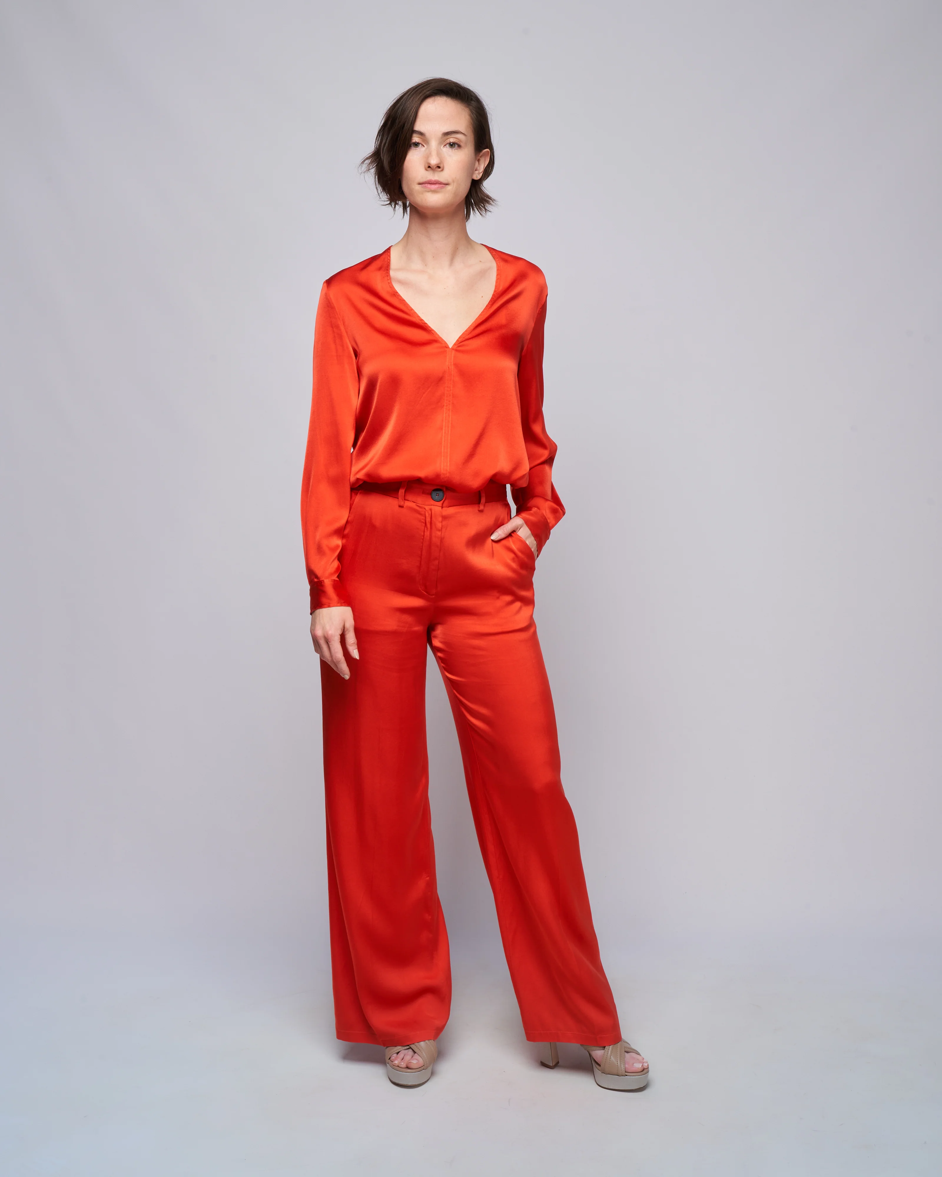 stretch silk satin long sleeves top - deep orange - Image 2