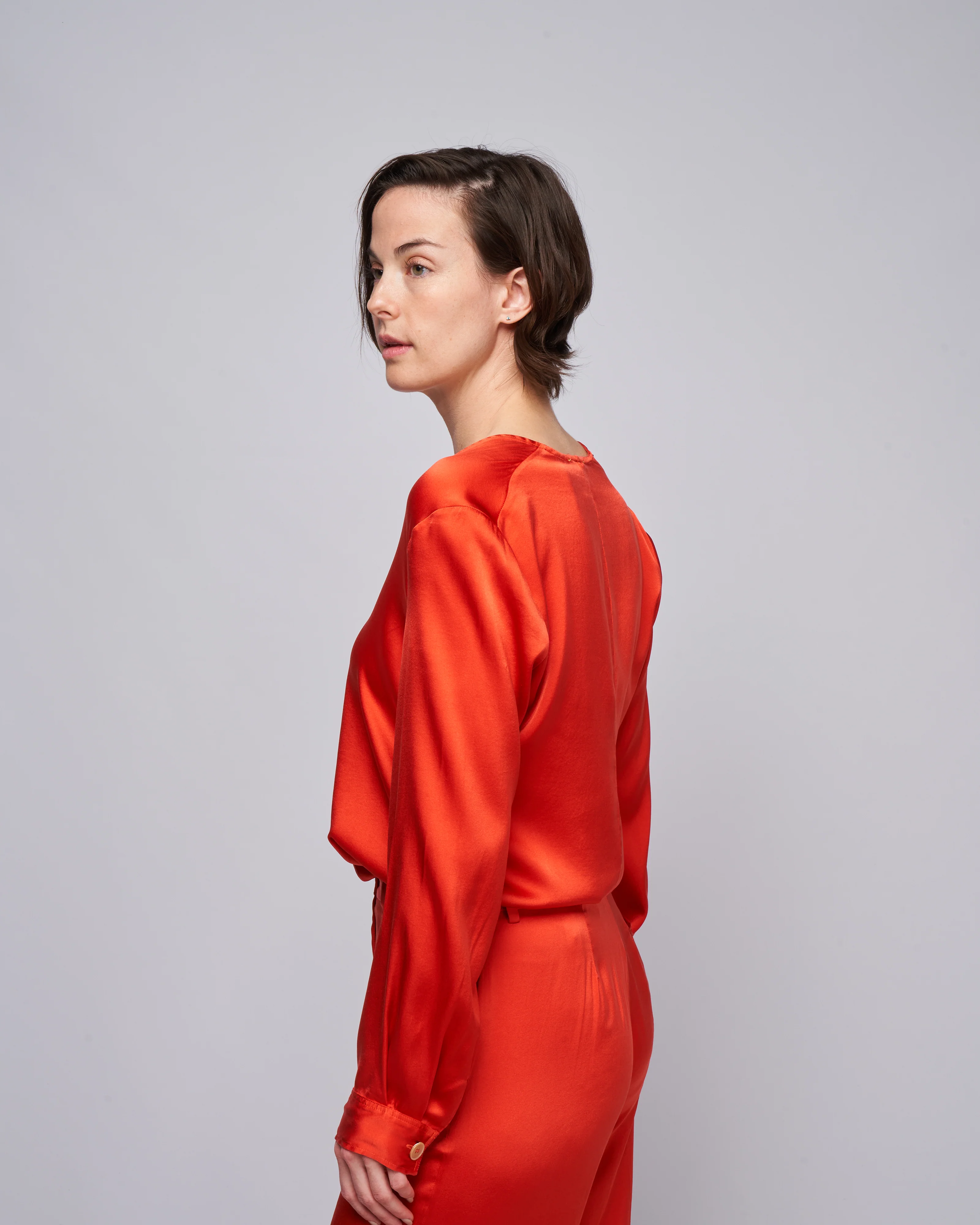 stretch silk satin long sleeves top - deep orange - Image 3