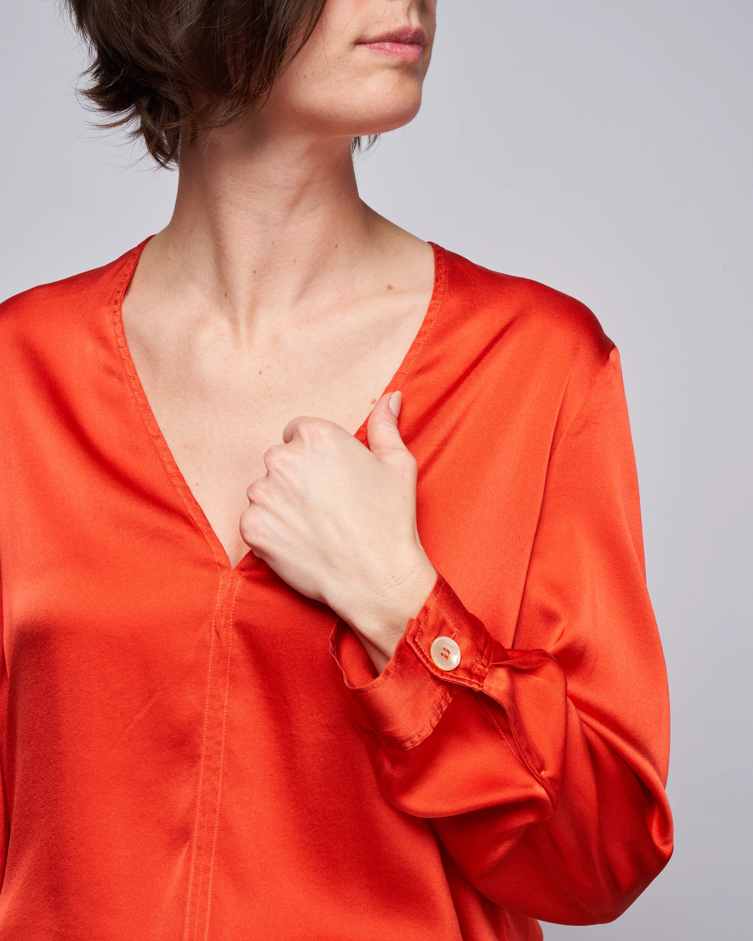 stretch silk satin long sleeves top - deep orange - Image 5