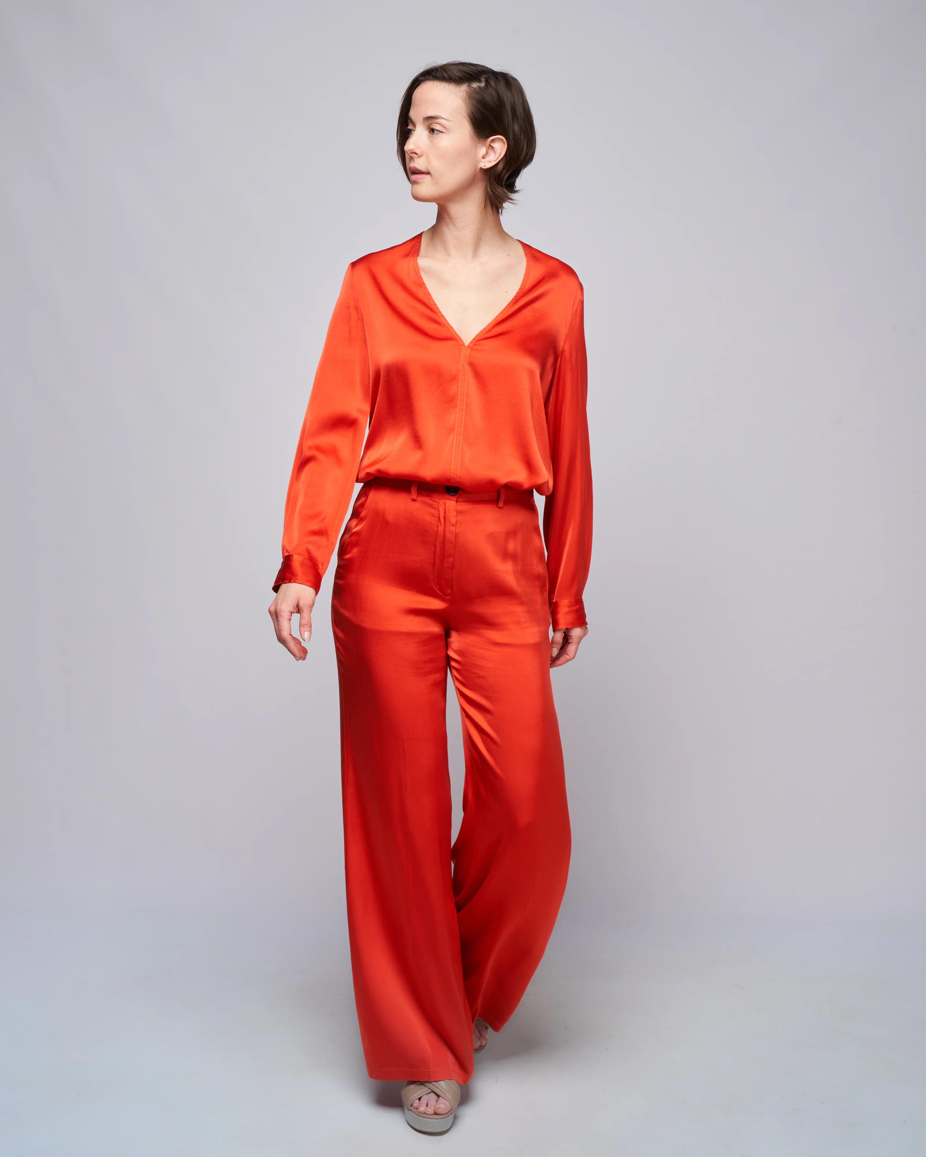 stretch silk satin wide pant - deep orange - Image 2
