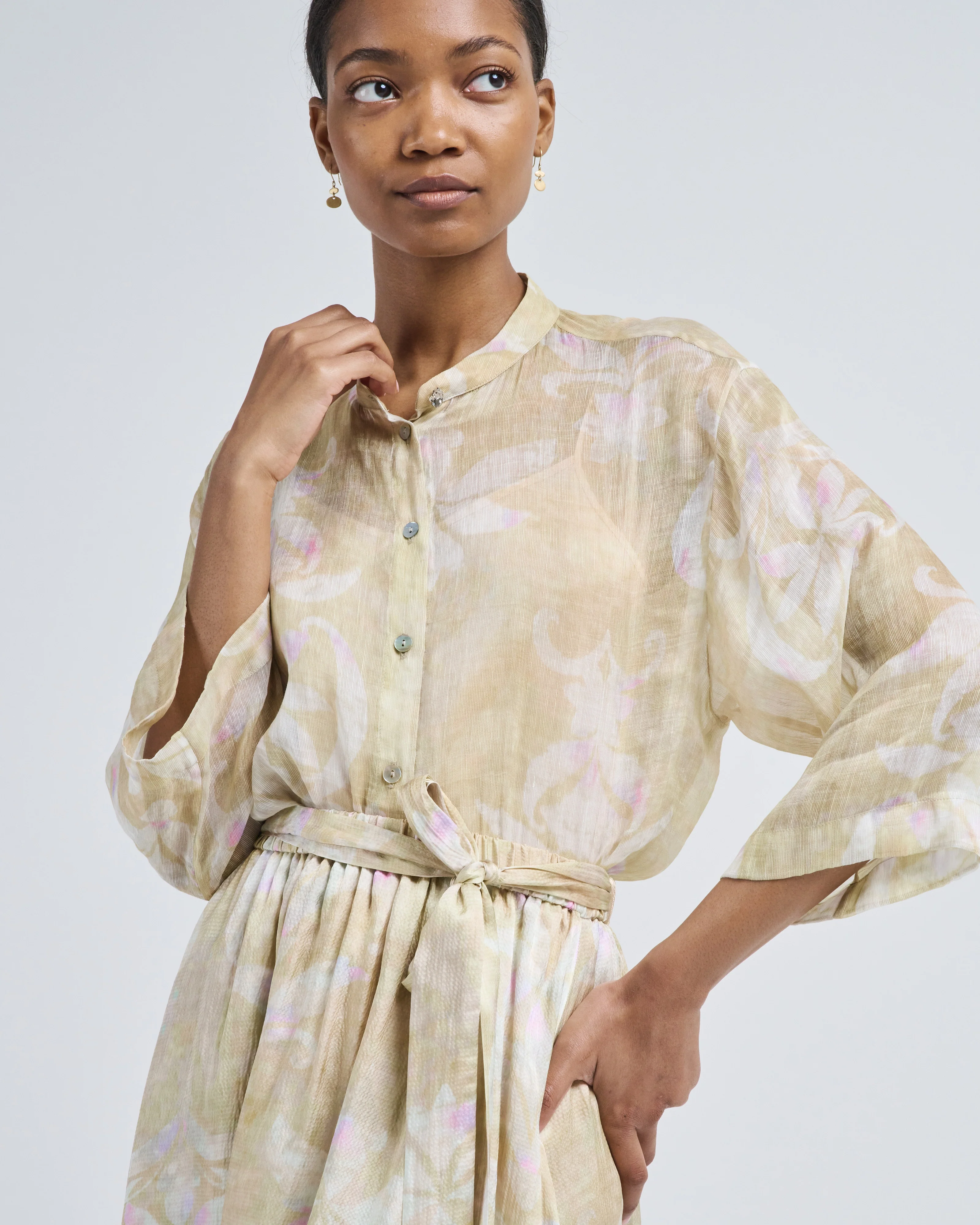the secret lily print linen silk gauze shirt